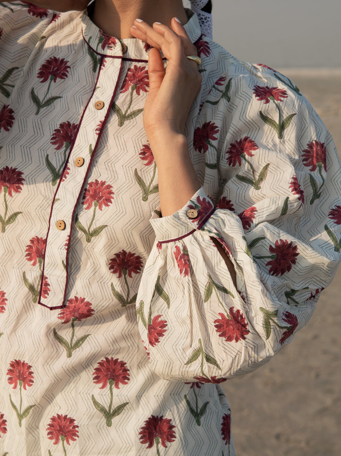 Carnations Kurta Set - White Hand Block Printed Cotton Kurta Set