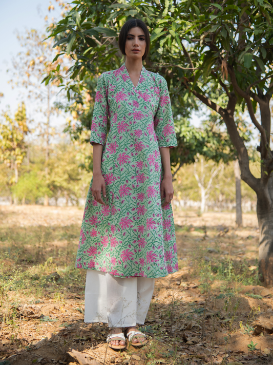 Green Gardenia Wrap Set-Green Pink Hand Block Printed Cotton Wrap Kurta with White Palazzo