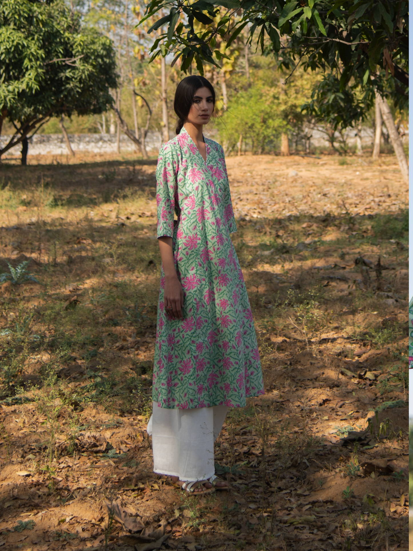 Green Gardenia Wrap Set-Green Pink Hand Block Printed Cotton Wrap Kurta with White Palazzo