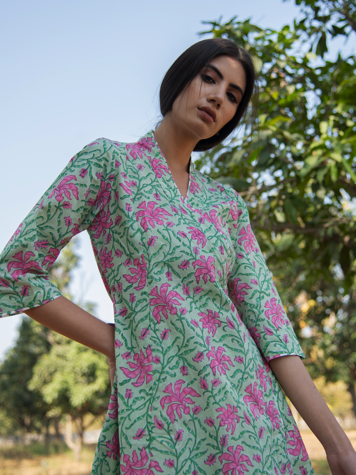 Green Gardenia Wrap Set-Green Pink Hand Block Printed Cotton Wrap Kurta with White Palazzo