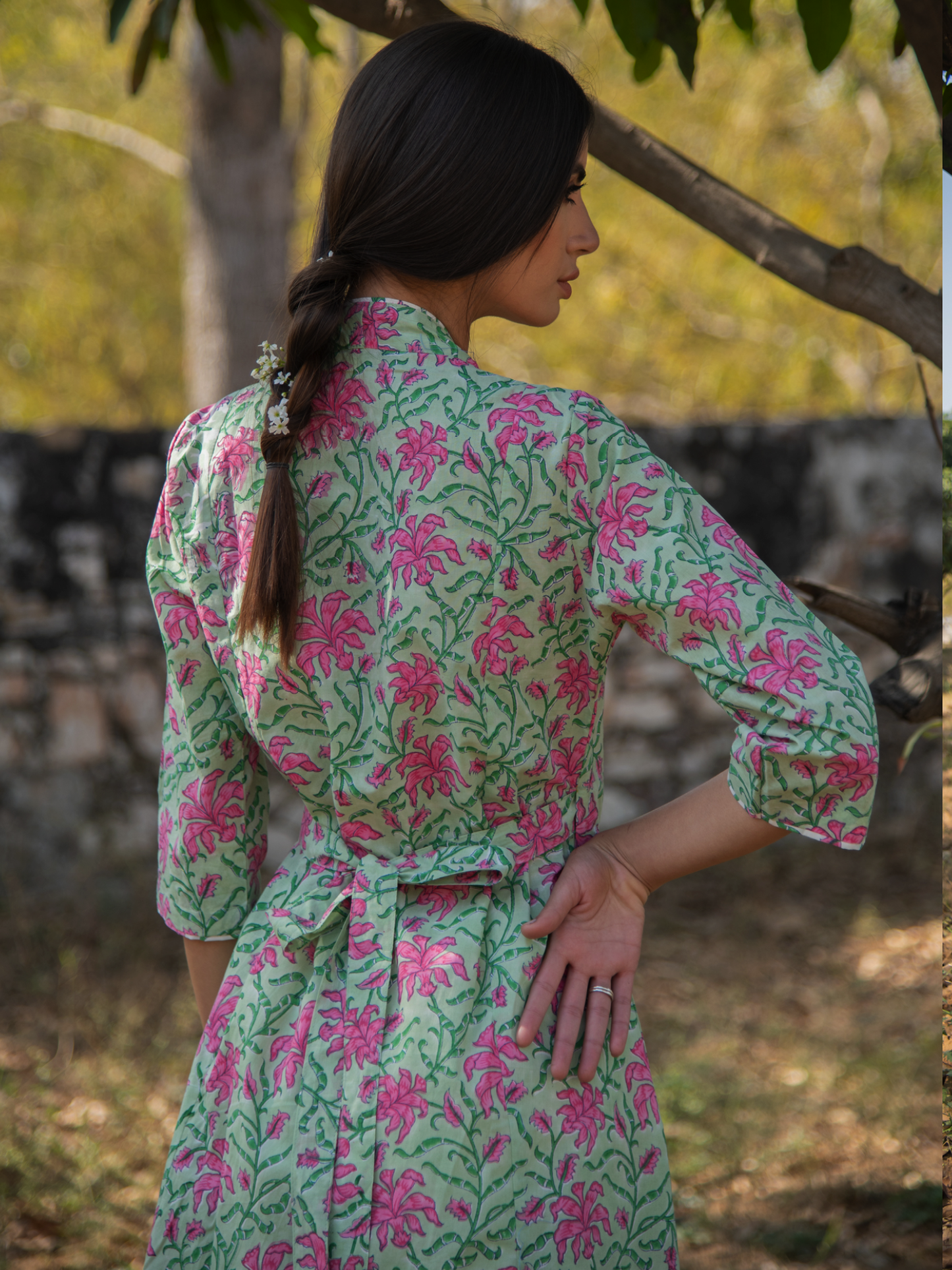 Green Gardenia Wrap Set-Green Pink Hand Block Printed Cotton Wrap Kurta with White Palazzo