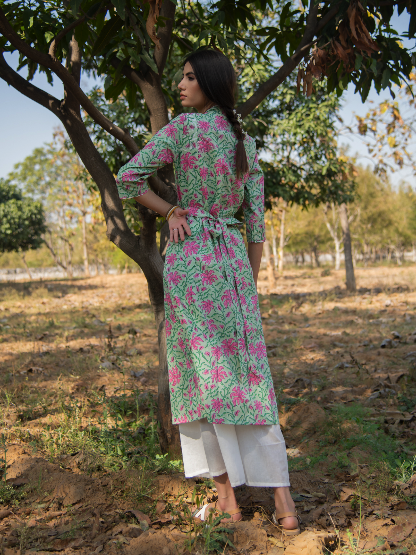 Green Gardenia Wrap Set-Green Pink Hand Block Printed Cotton Wrap Kurta with White Palazzo