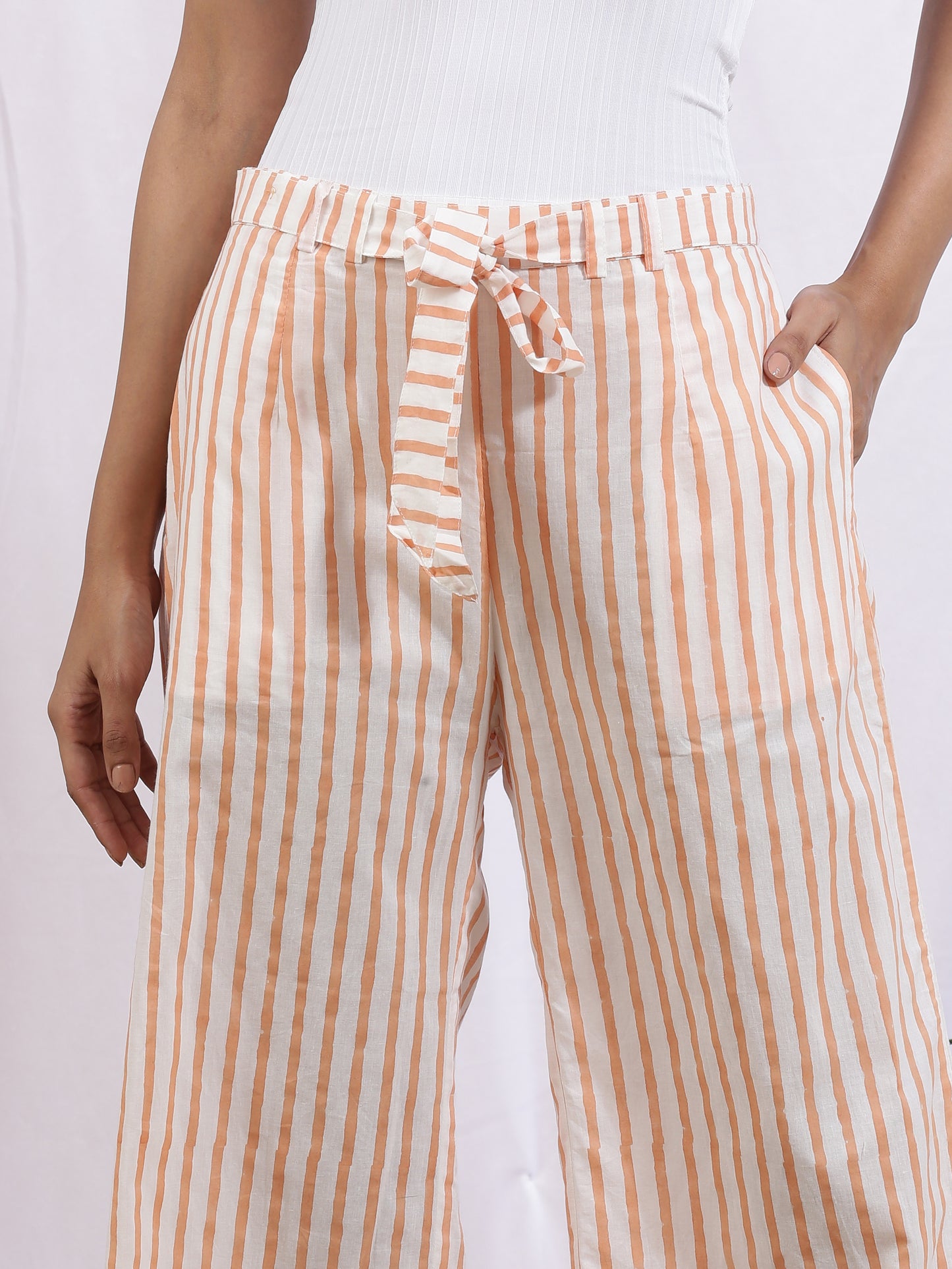 Mangue Stripe Pants - Yellow & White Hand Block Printed Cotton Pants With Tie Knot