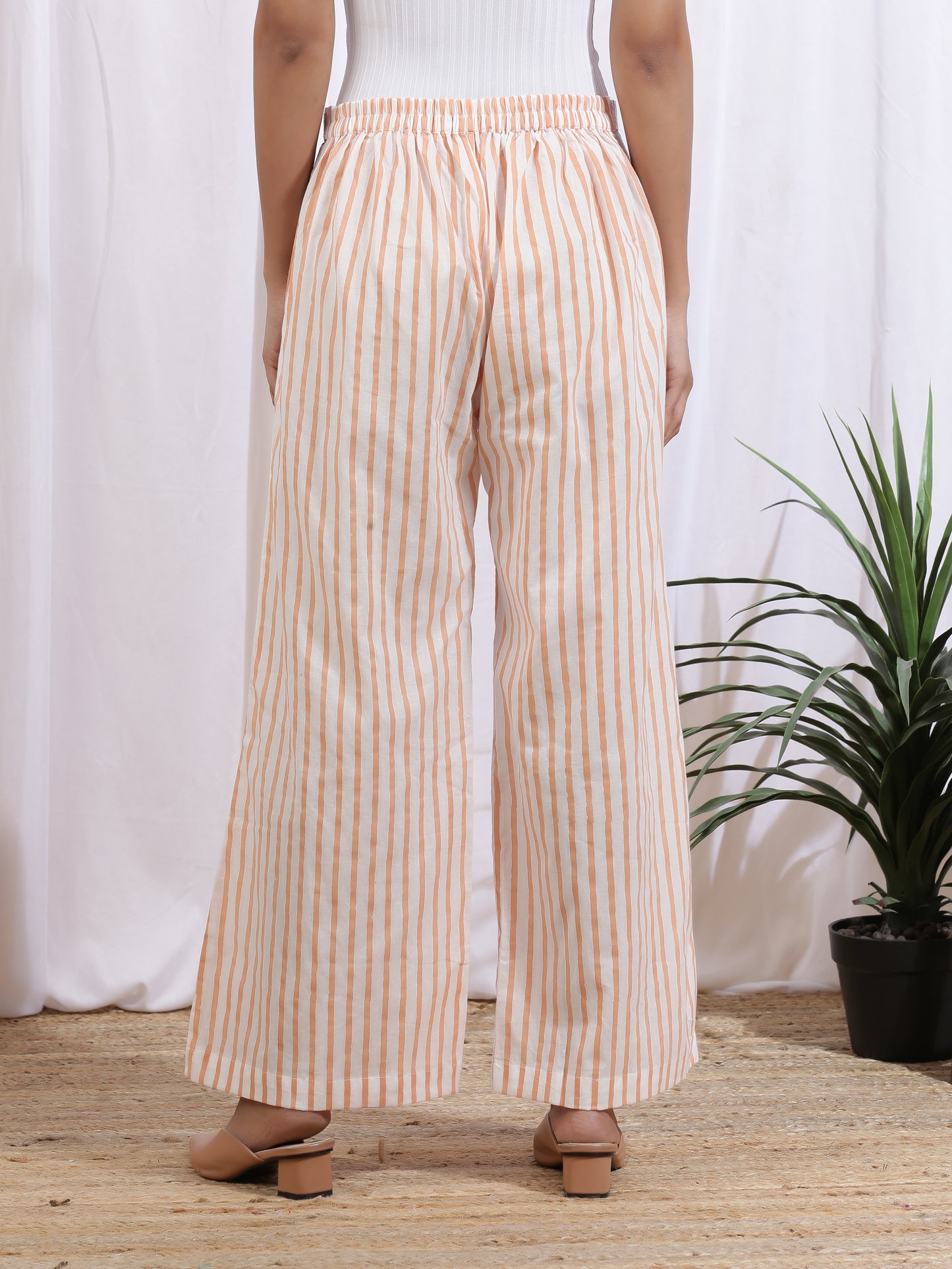 Mangue Stripe Pants - Yellow & White Hand Block Printed Cotton Pants With Tie Knot