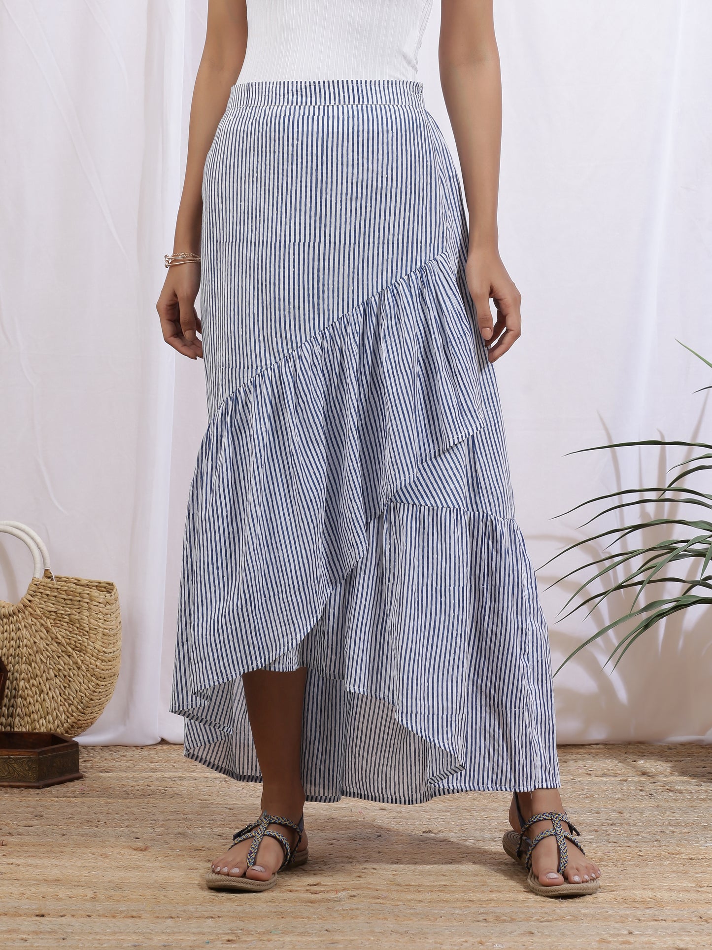 Ciel Skirt - Blue Hand Block Printed Cotton Ruffle Skirt