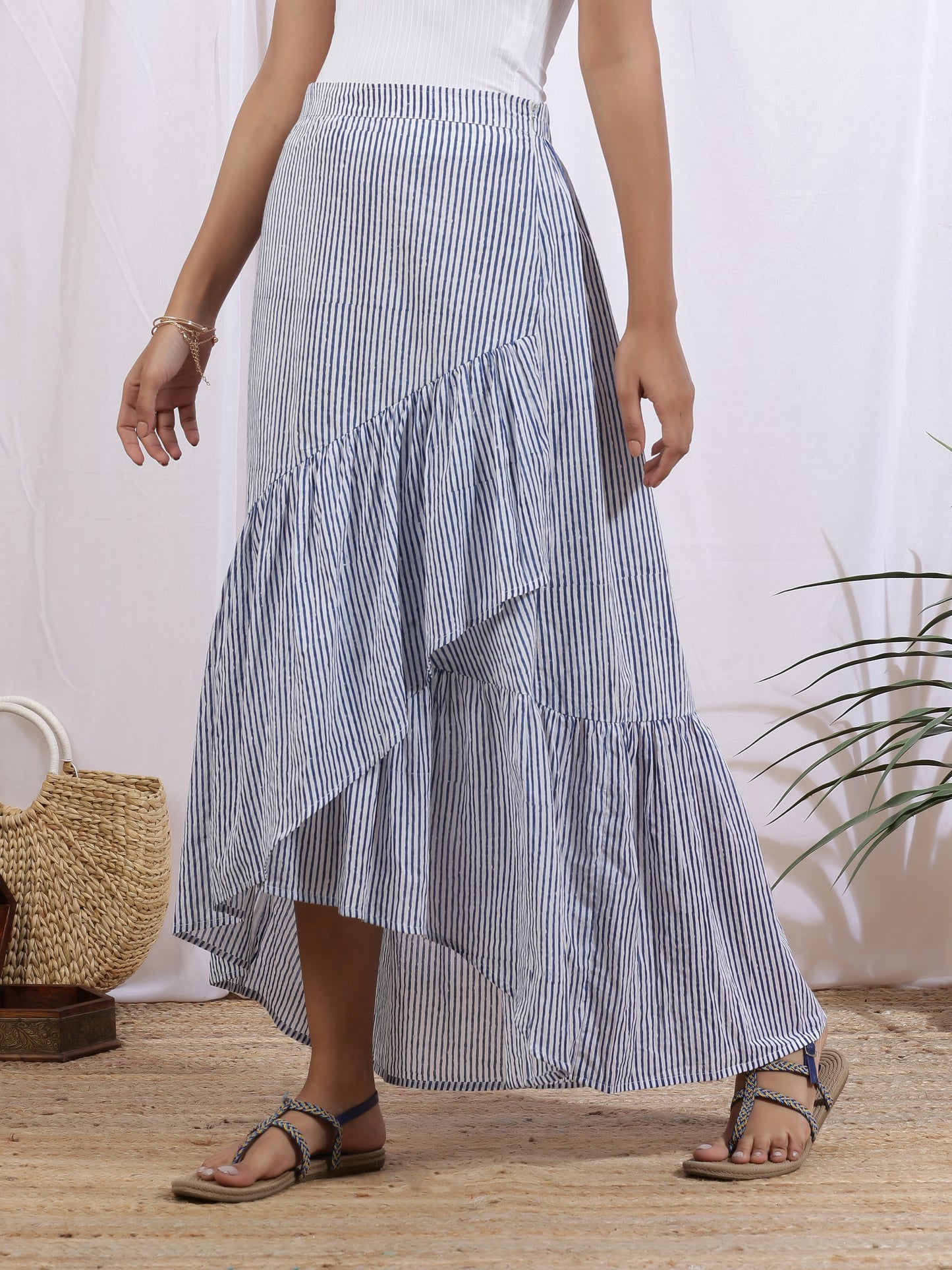 Ciel Skirt - Blue Hand Block Printed Cotton Ruffle Skirt