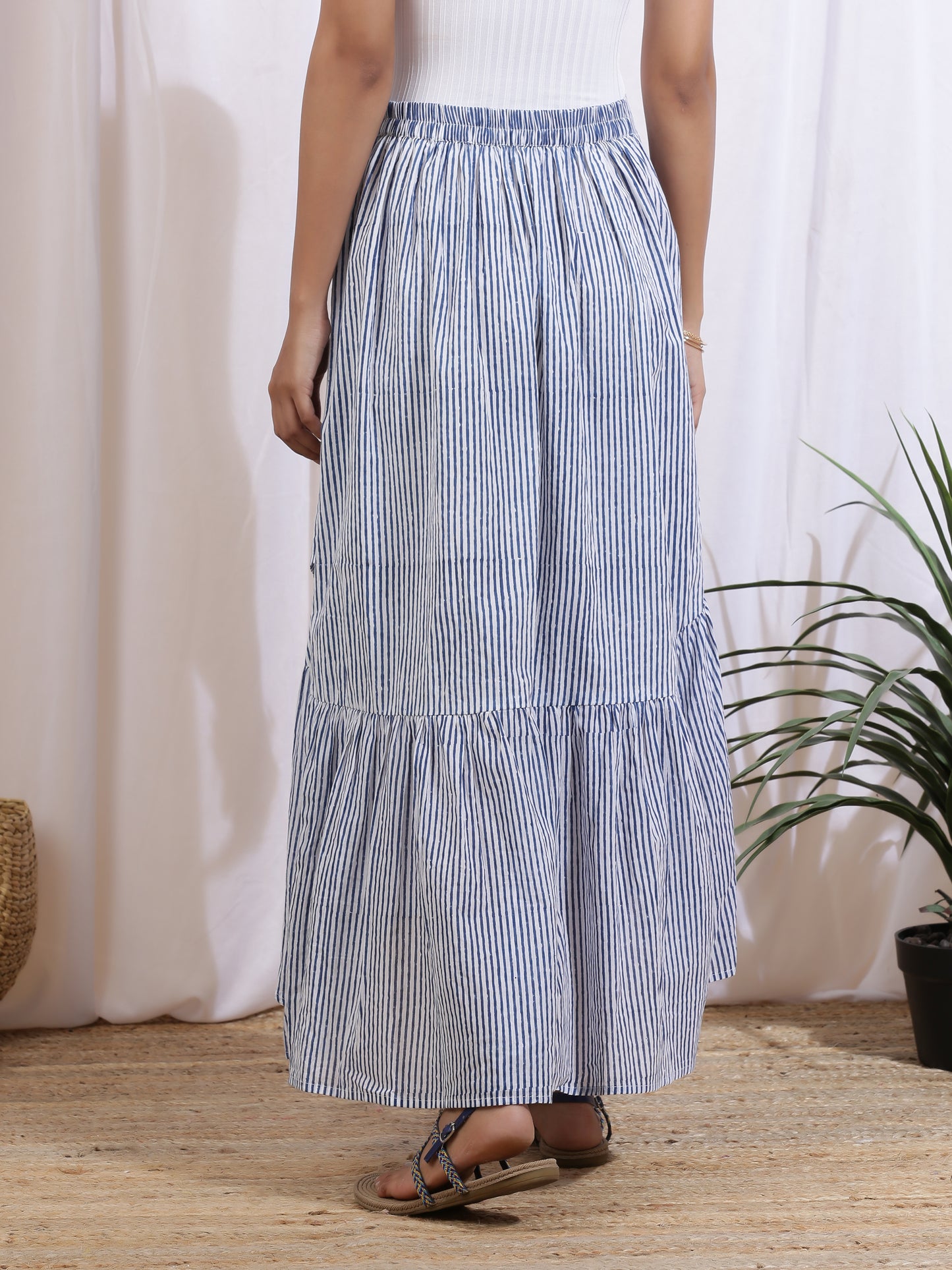 Ciel Skirt - Blue Hand Block Printed Cotton Ruffle Skirt