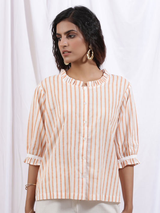 Mangue Blouse - Yellow & White Hand Block Printed Cotton Top With Frill Detailing