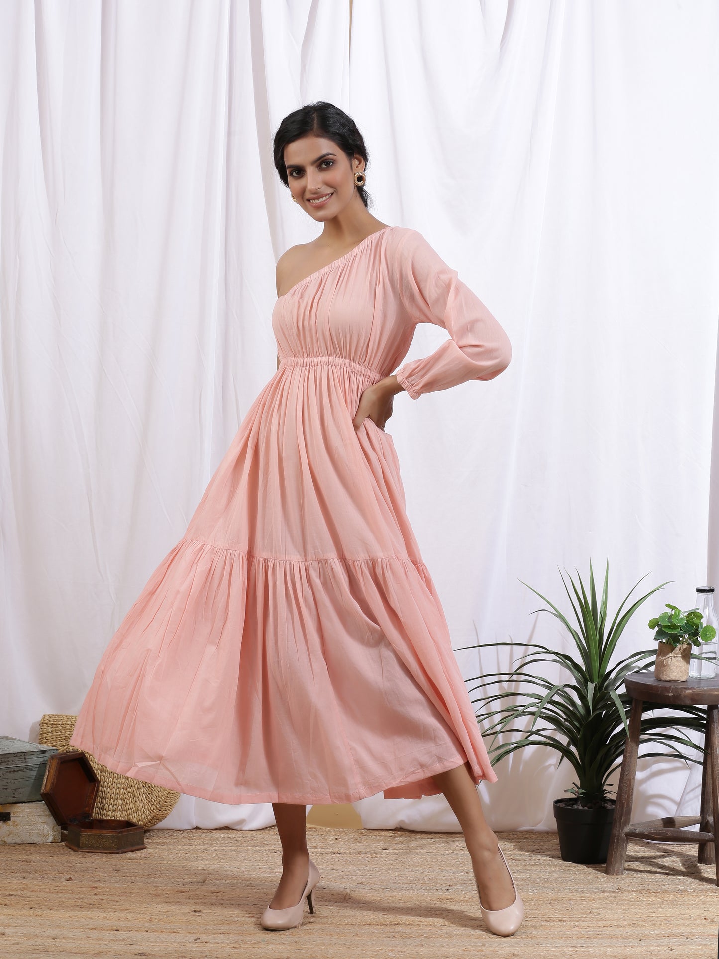 Pêche Dress - Peach Cotton One Shoulder Tier Dress