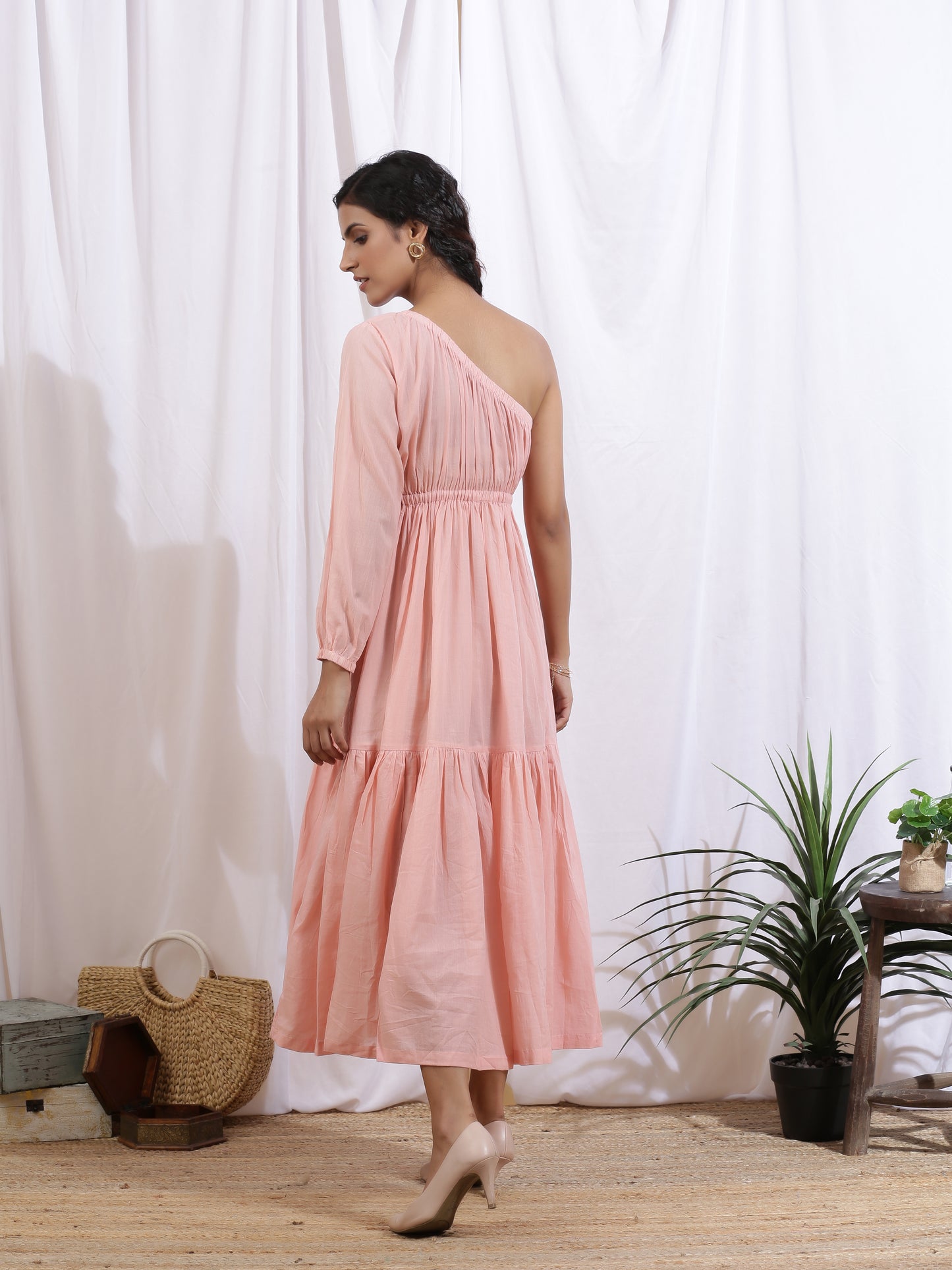 PÃªche Dress - Peach Cotton One Shoulder Tier Dress