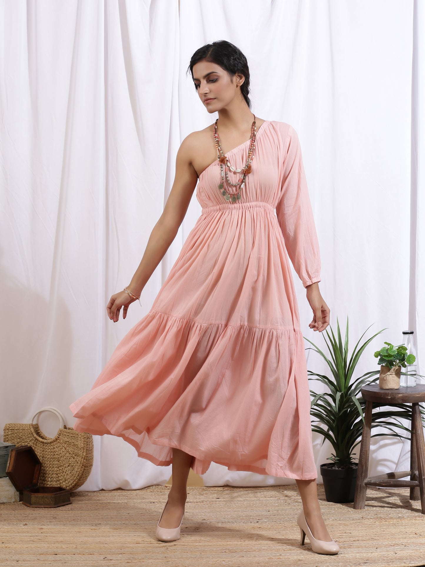 PÃªche Dress - Peach Cotton One Shoulder Tier Dress