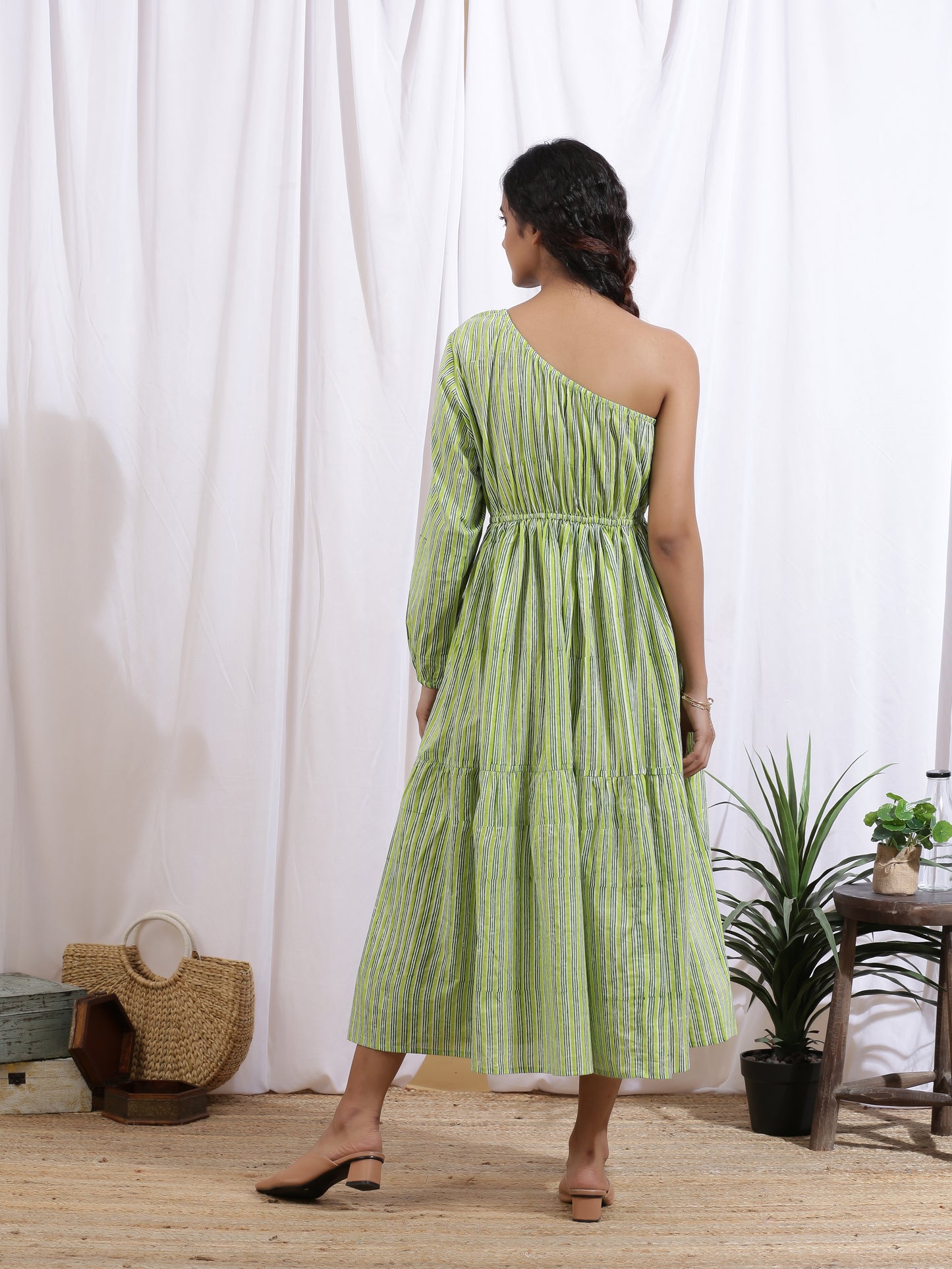 Forêt Dress - Green Cotton One Shoulder Hand Block Printed Tier Dress
