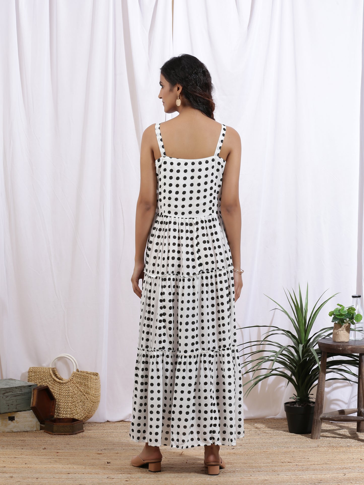 Noir Polka Dress - White Hand Block Printed Black Polka Tier Dress