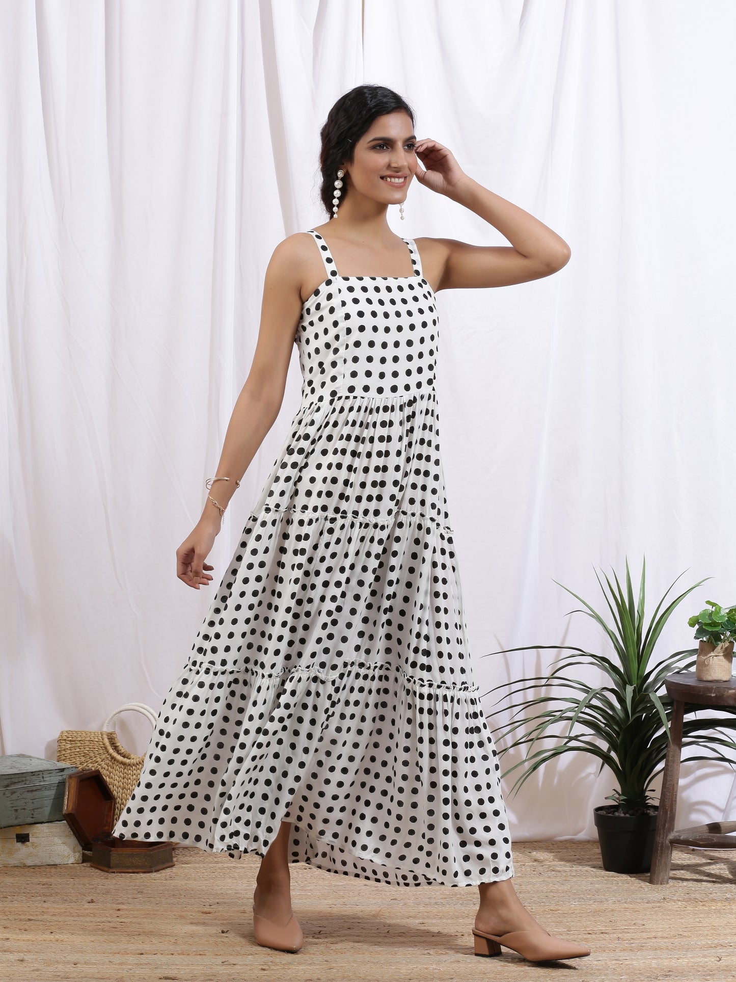 Noir Polka Dress - White Hand Block Printed Black Polka Tier Dress