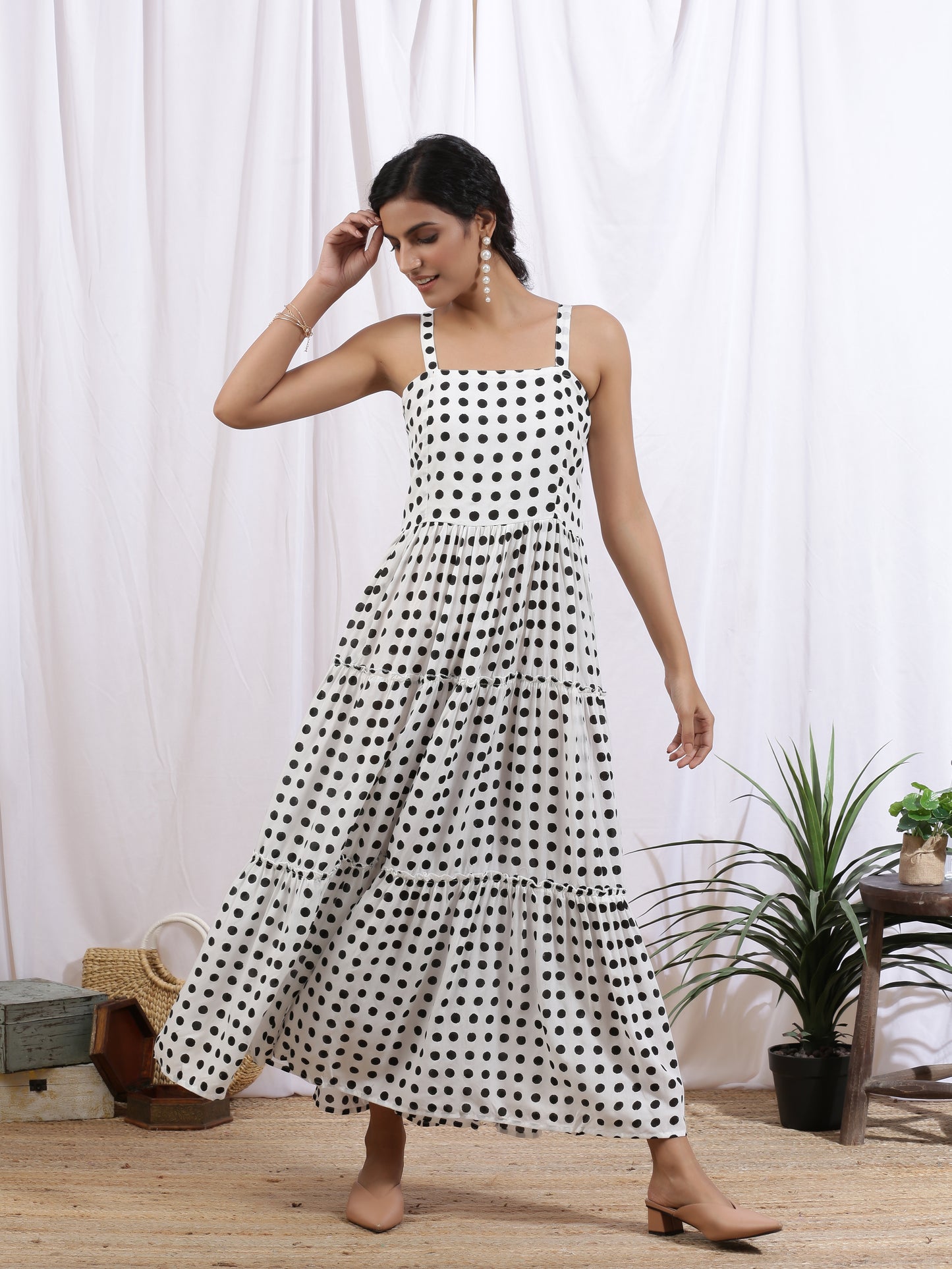 Noir Polka Dress - White Hand Block Printed Black Polka Tier Dress