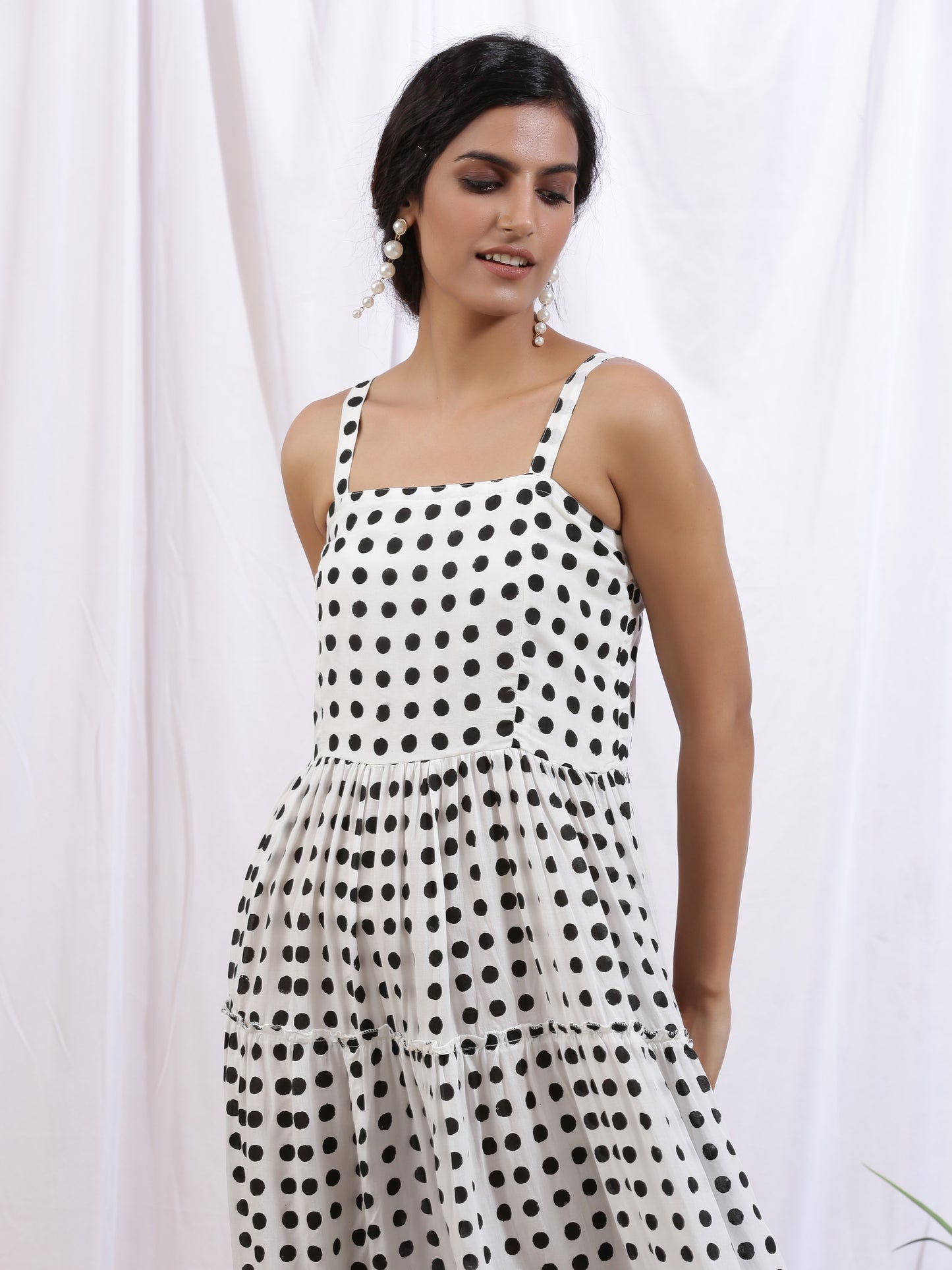Noir Polka Dress - White Hand Block Printed Black Polka Tier Dress
