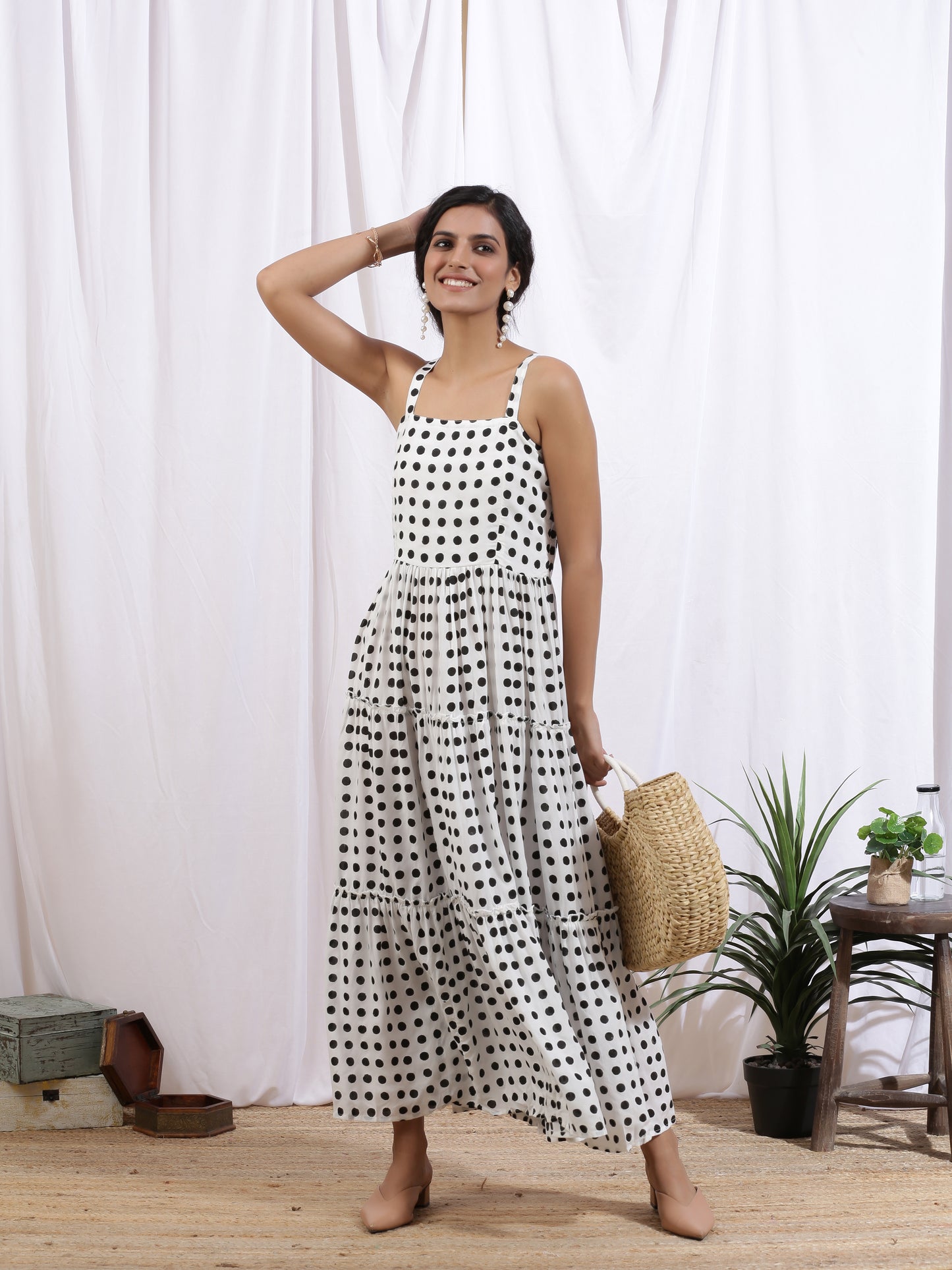 Noir Polka Dress - White Hand Block Printed Black Polka Tier Dress
