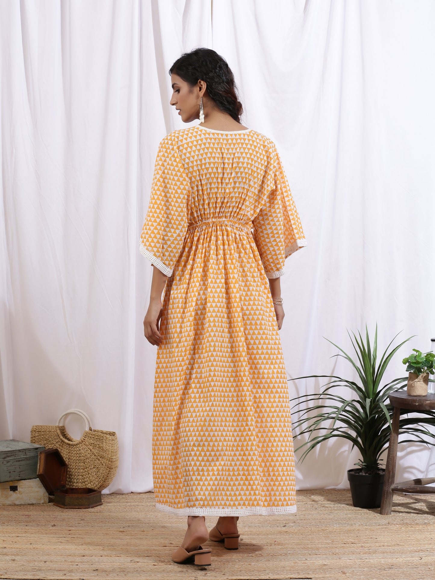 Mangue Kaftan Dress - Yellow Cotton Kaftan With White Hand Block Print & Lace Detailing