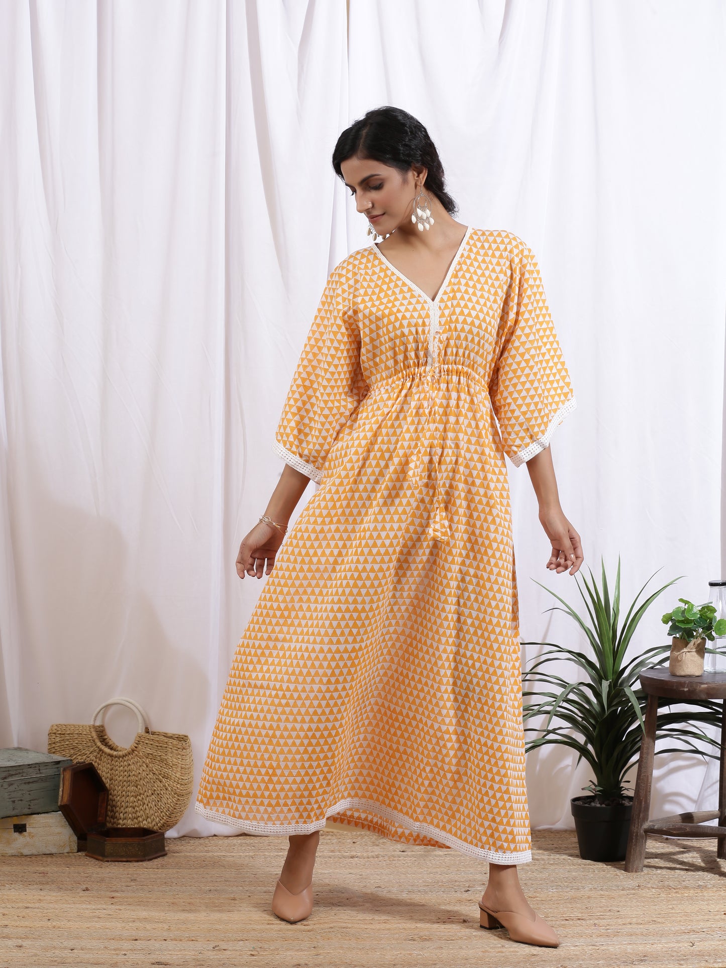 Mangue Kaftan Dress - Yellow Cotton Kaftan With White Hand Block Print & Lace Detailing
