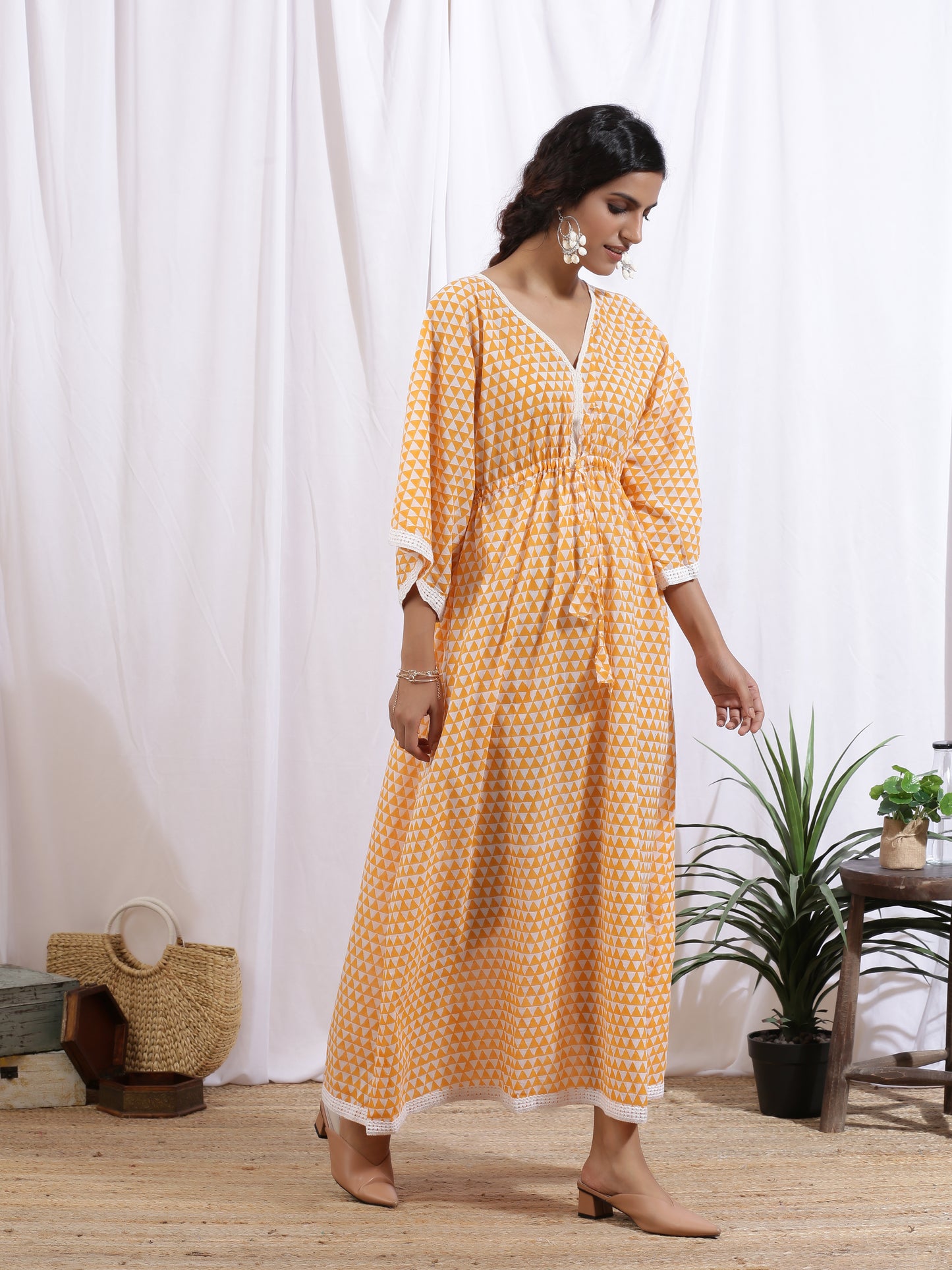 Mangue Kaftan Dress - Yellow Cotton Kaftan With White Hand Block Print & Lace Detailing