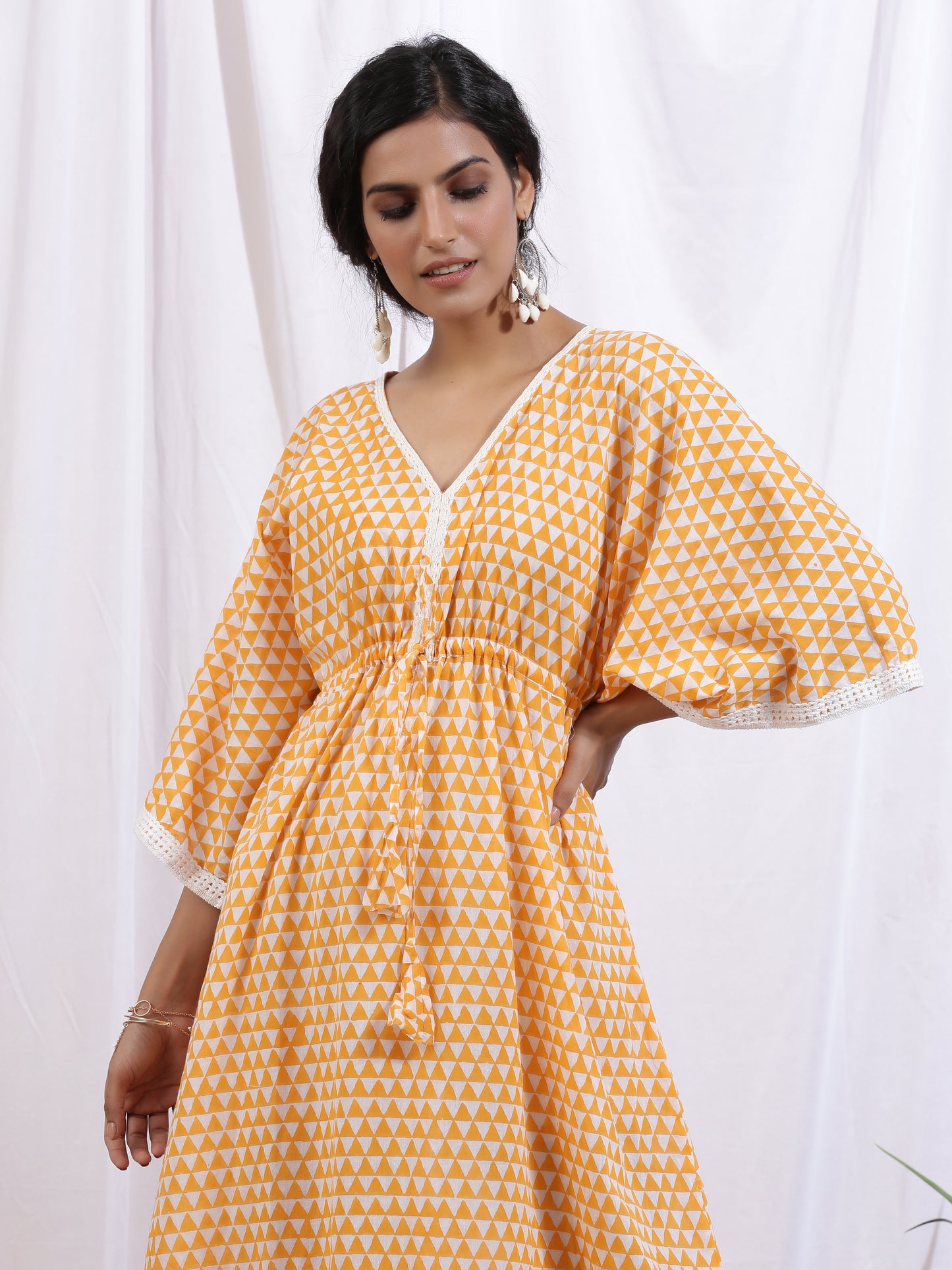 Mangue Kaftan Dress - Yellow Cotton Kaftan With White Hand Block Print & Lace Detailing