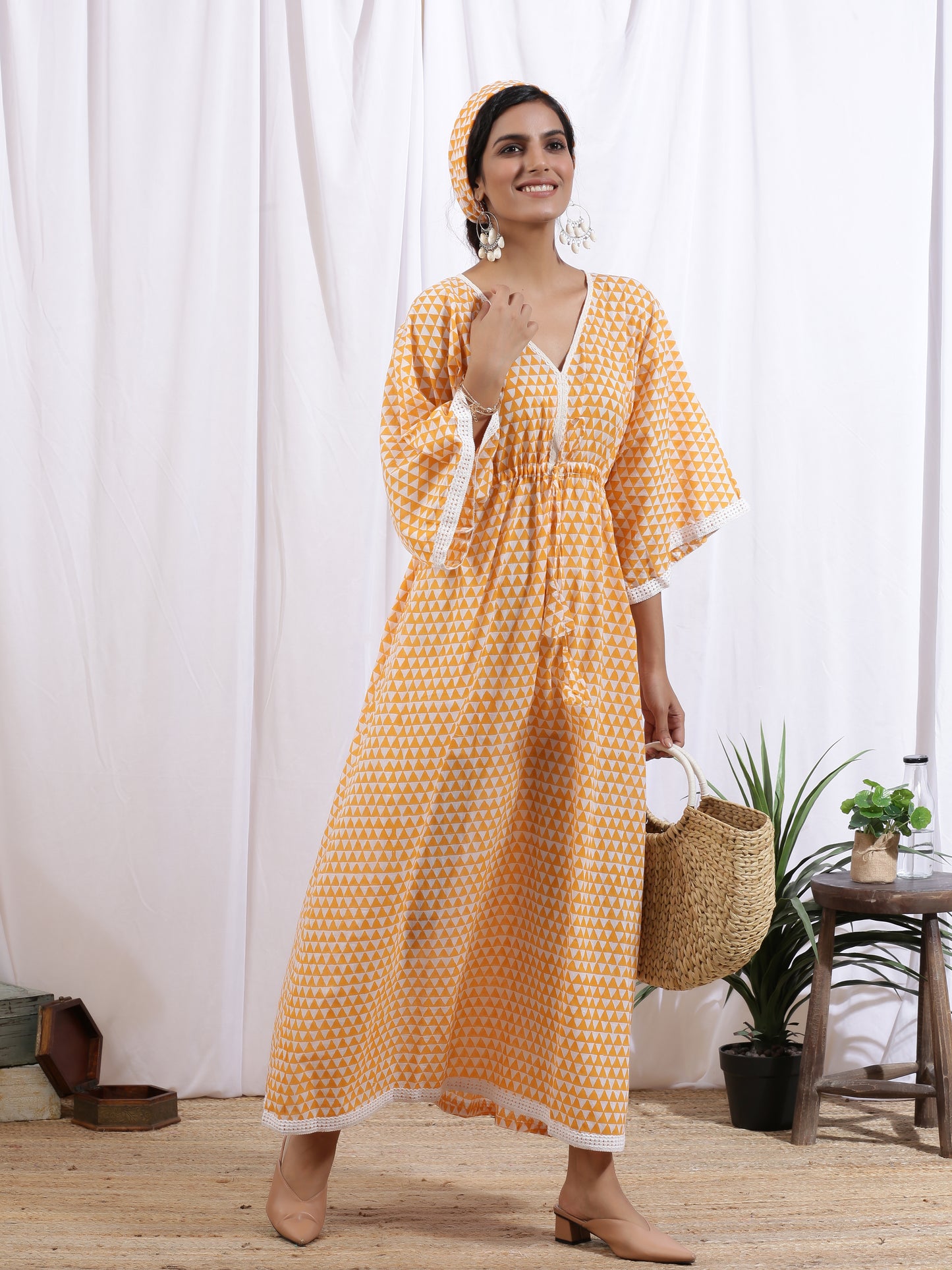 Mangue Kaftan Dress - Yellow Cotton Kaftan With White Hand Block Print & Lace Detailing