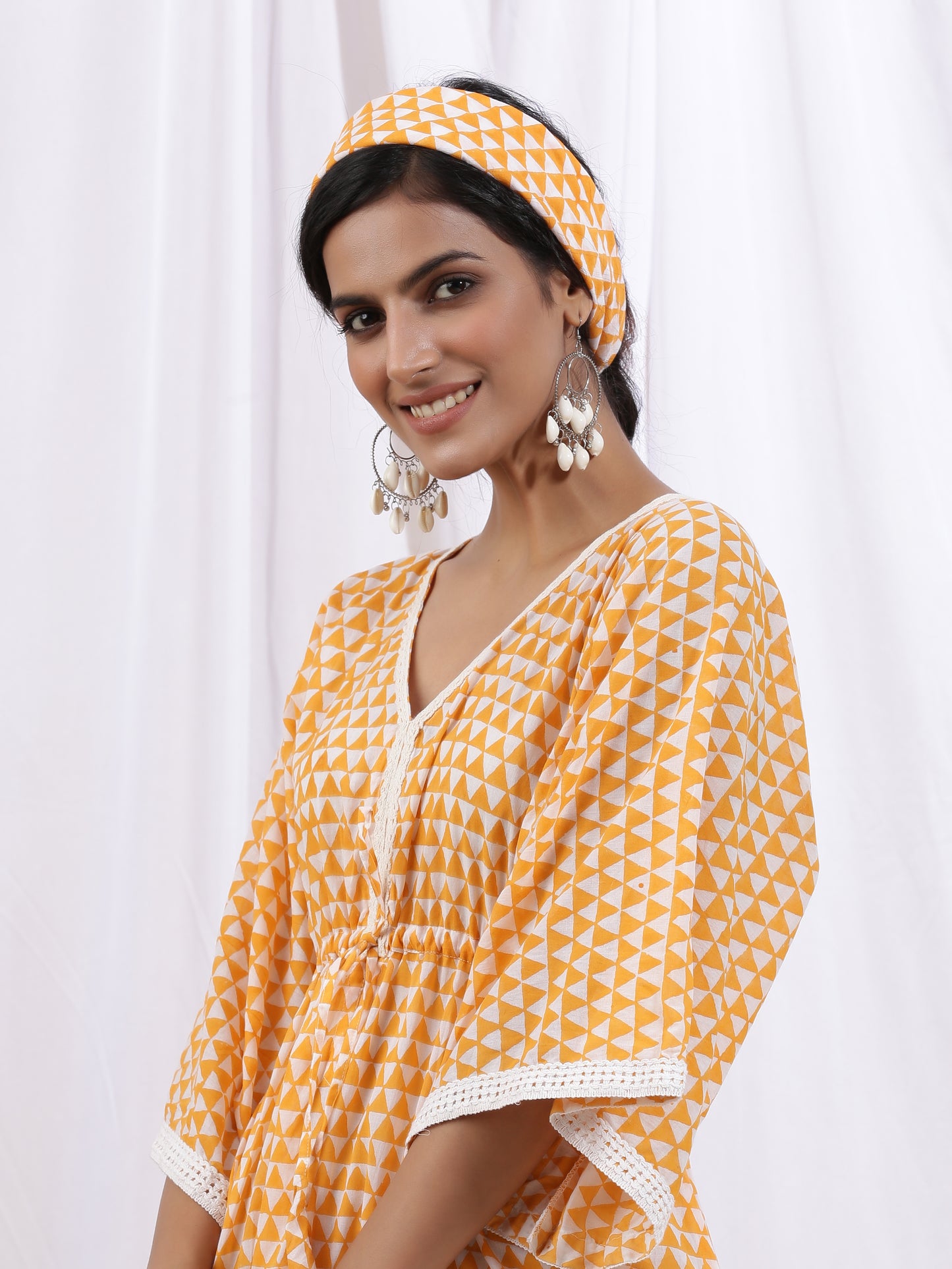 Mangue Kaftan Dress - Yellow Cotton Kaftan With White Hand Block Print & Lace Detailing