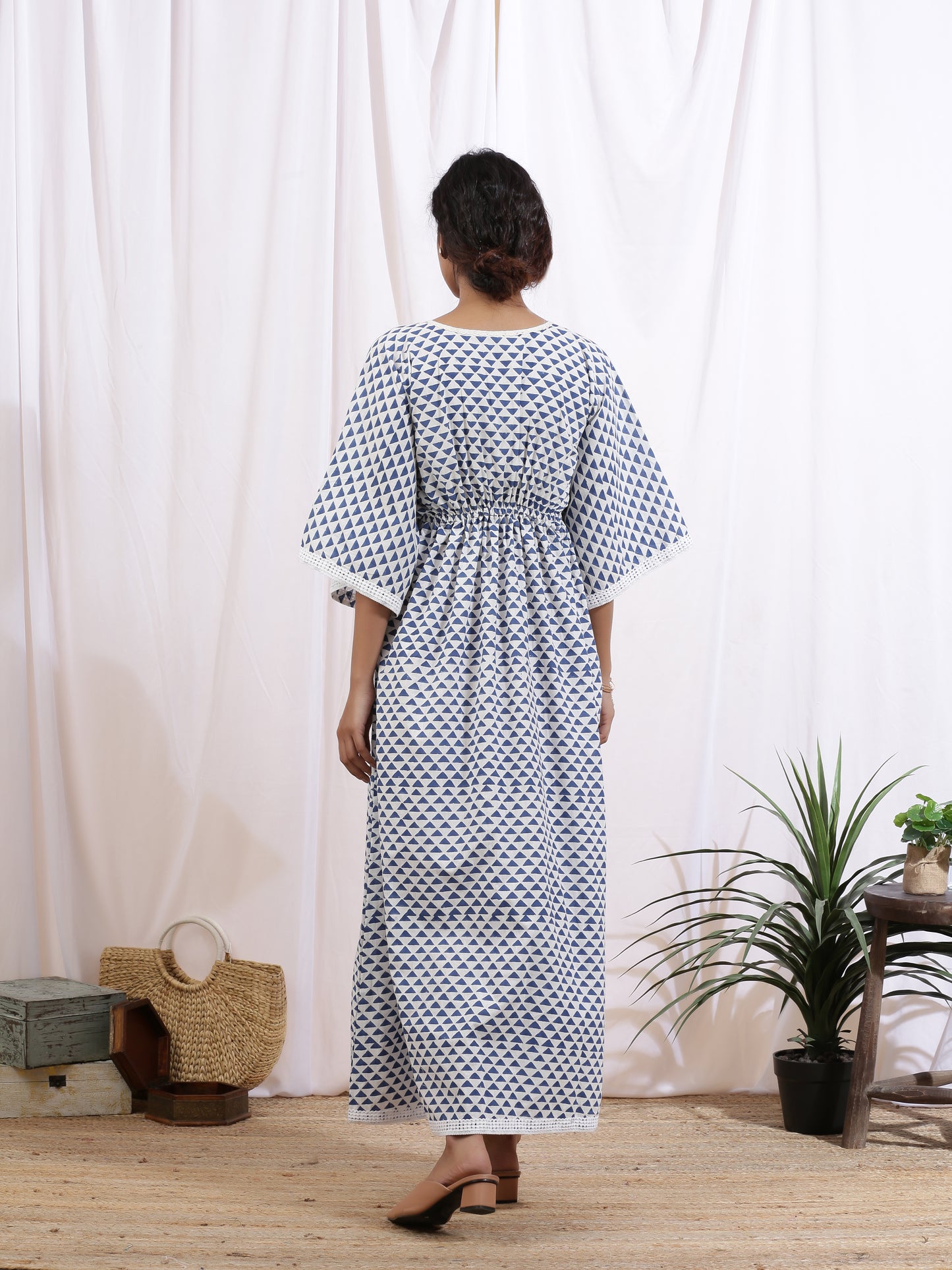 Ciel Kaftan Dress - White Cotton Kaftan With Indigo Hand Block Print & Lace Detailing