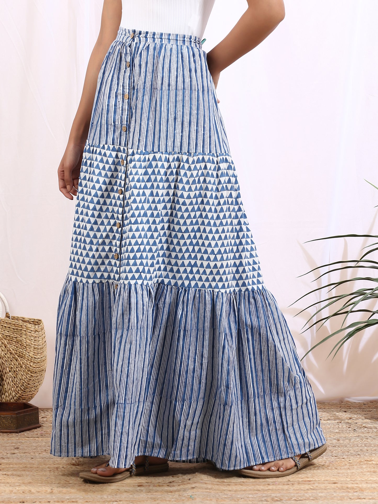 Indigo Rêves Skirt - Indigo Hand Block Printed Cotton Tier Full Skirt