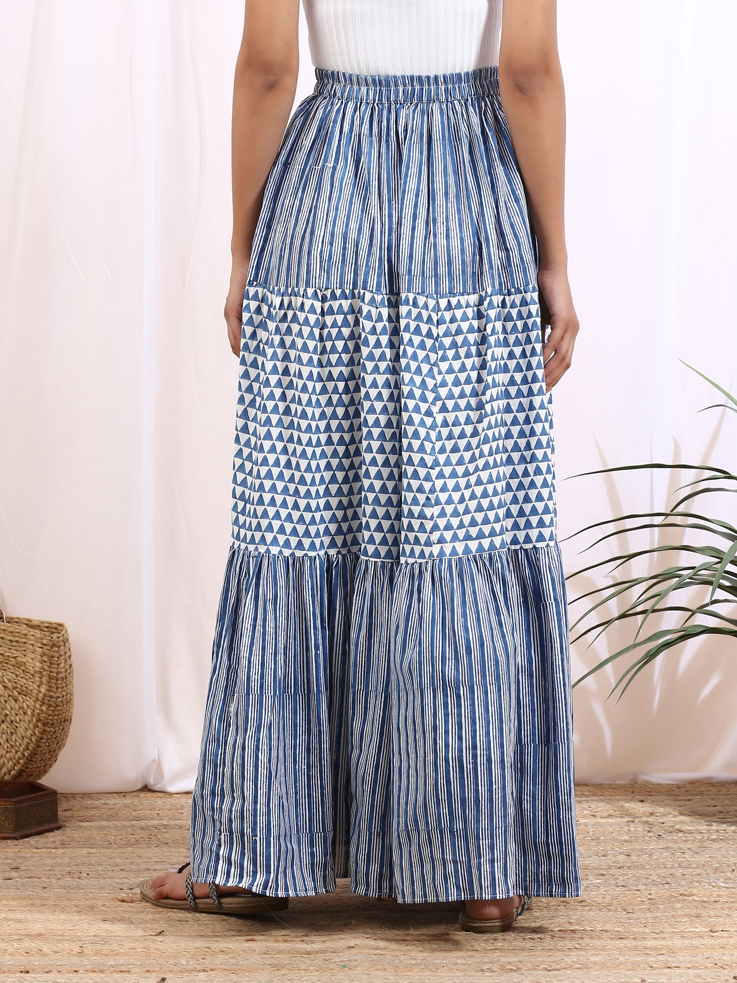 Indigo Rêves Skirt - Indigo Hand Block Printed Cotton Tier Full Skirt