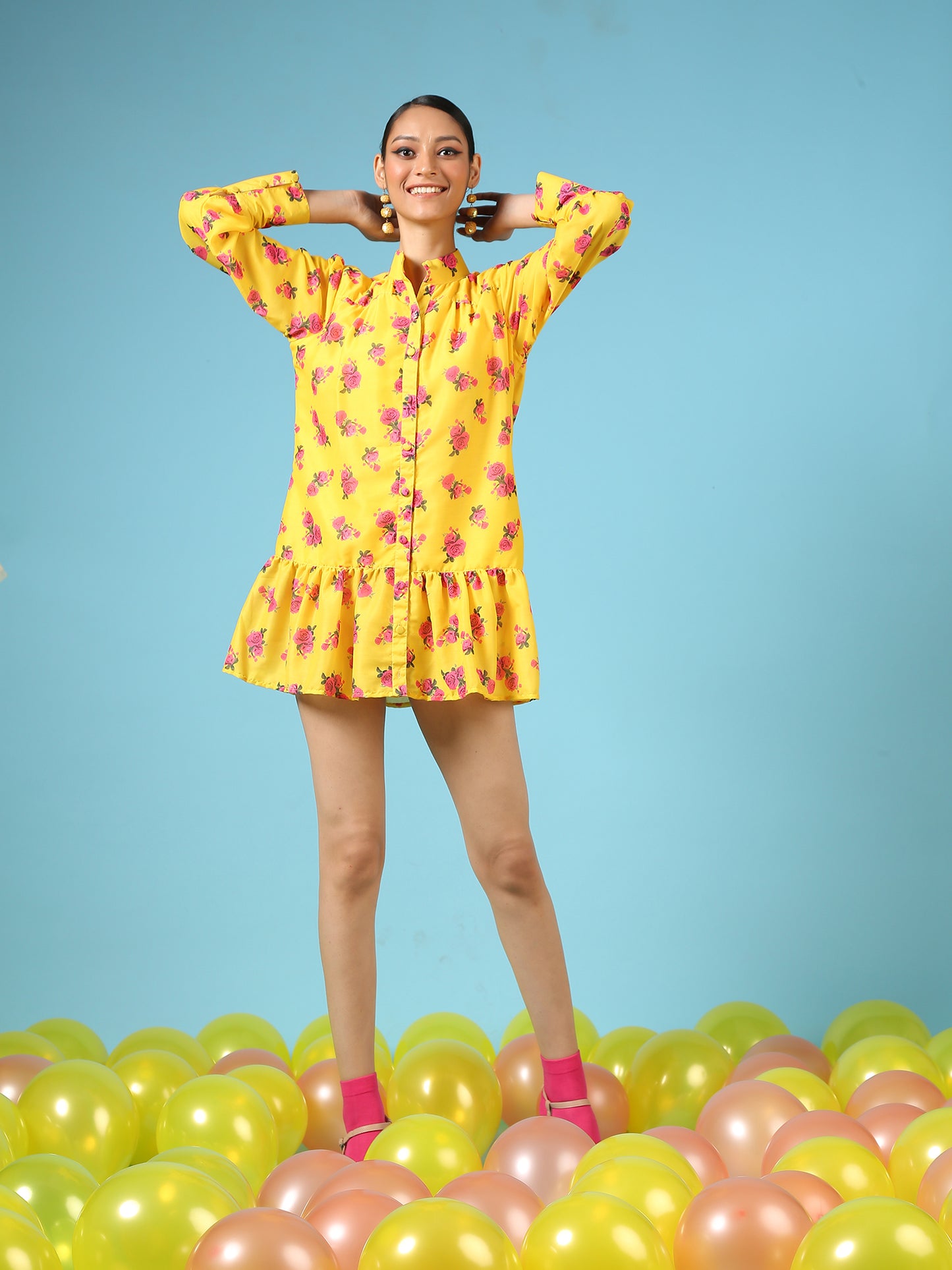 Rose Sunshine Shirt Dress - Yellow Digital Printed Cotton Silk Shirt Dress