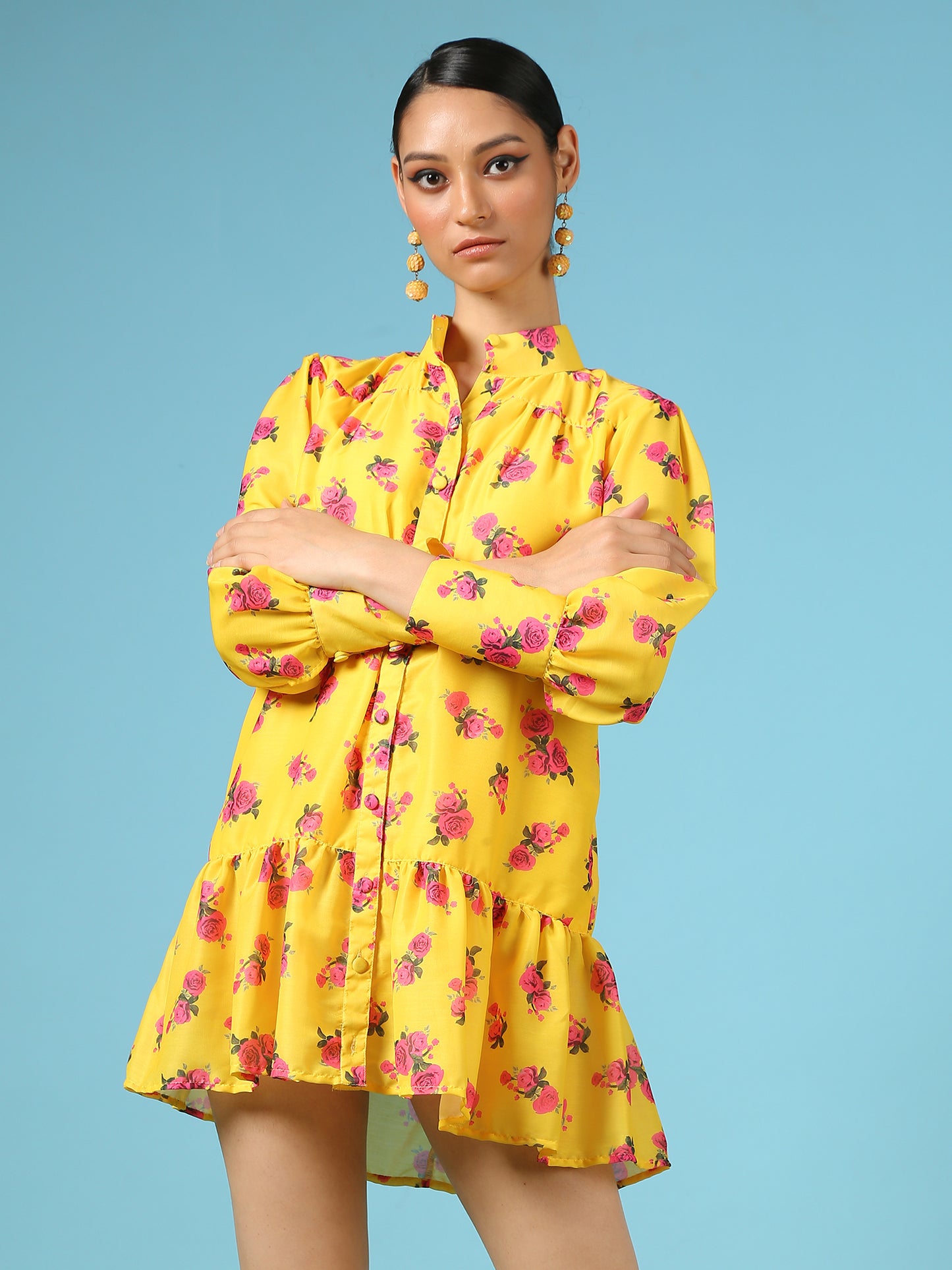 Rose Sunshine Shirt Dress - Yellow Digital Printed Cotton Silk Shirt Dress