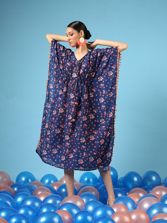 Bouquet On Blue Kaftan - Blue Digital Printed Cotton Silk Kaftan Dress