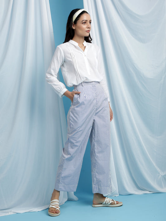 Lorde Stripe Pants - White & Blue Hand Block Printed Cotton Pants