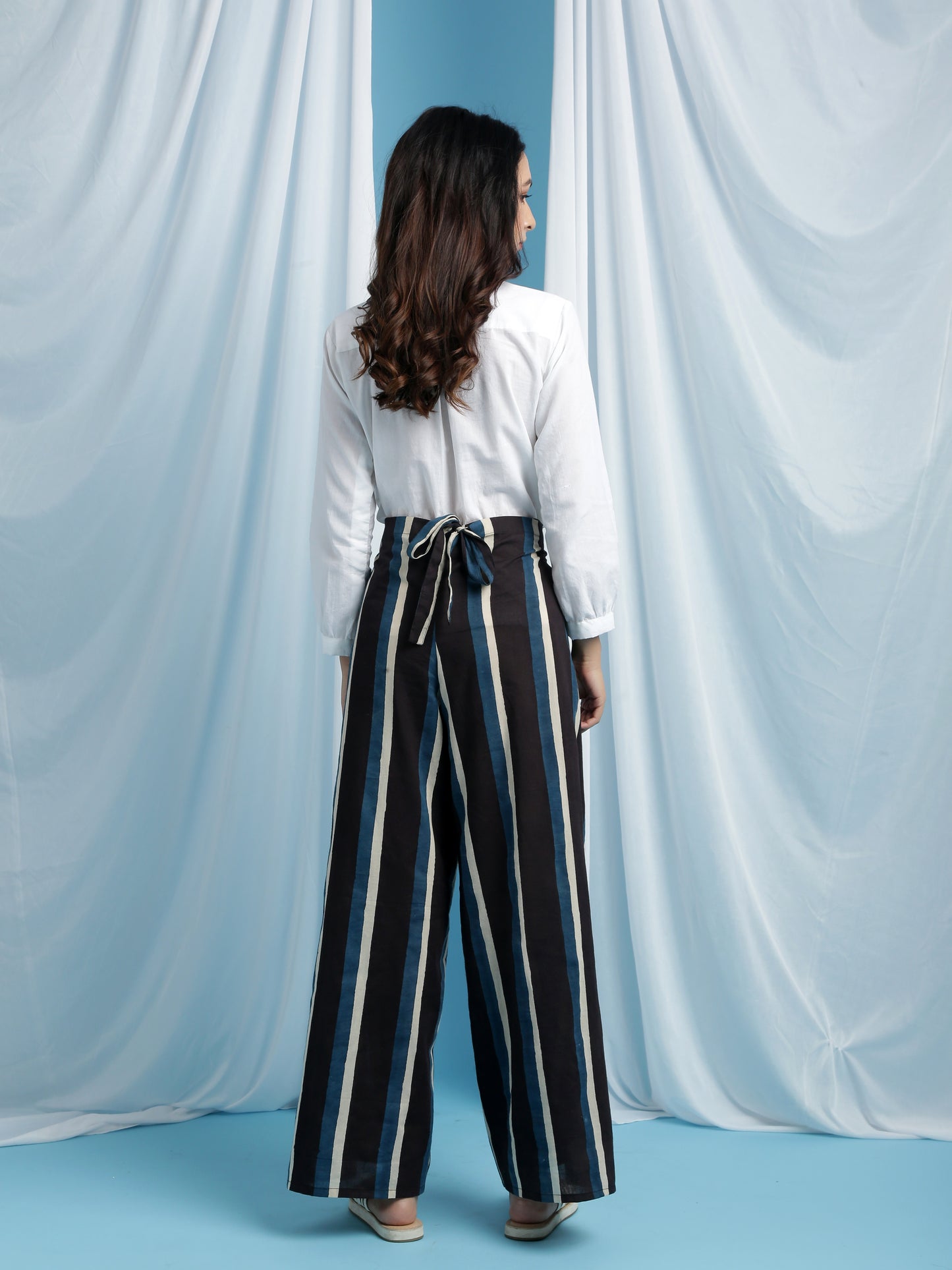 Barbara Pask - Black Cotton Wrap Pants With Blue & White Hand Block Printed Stripes