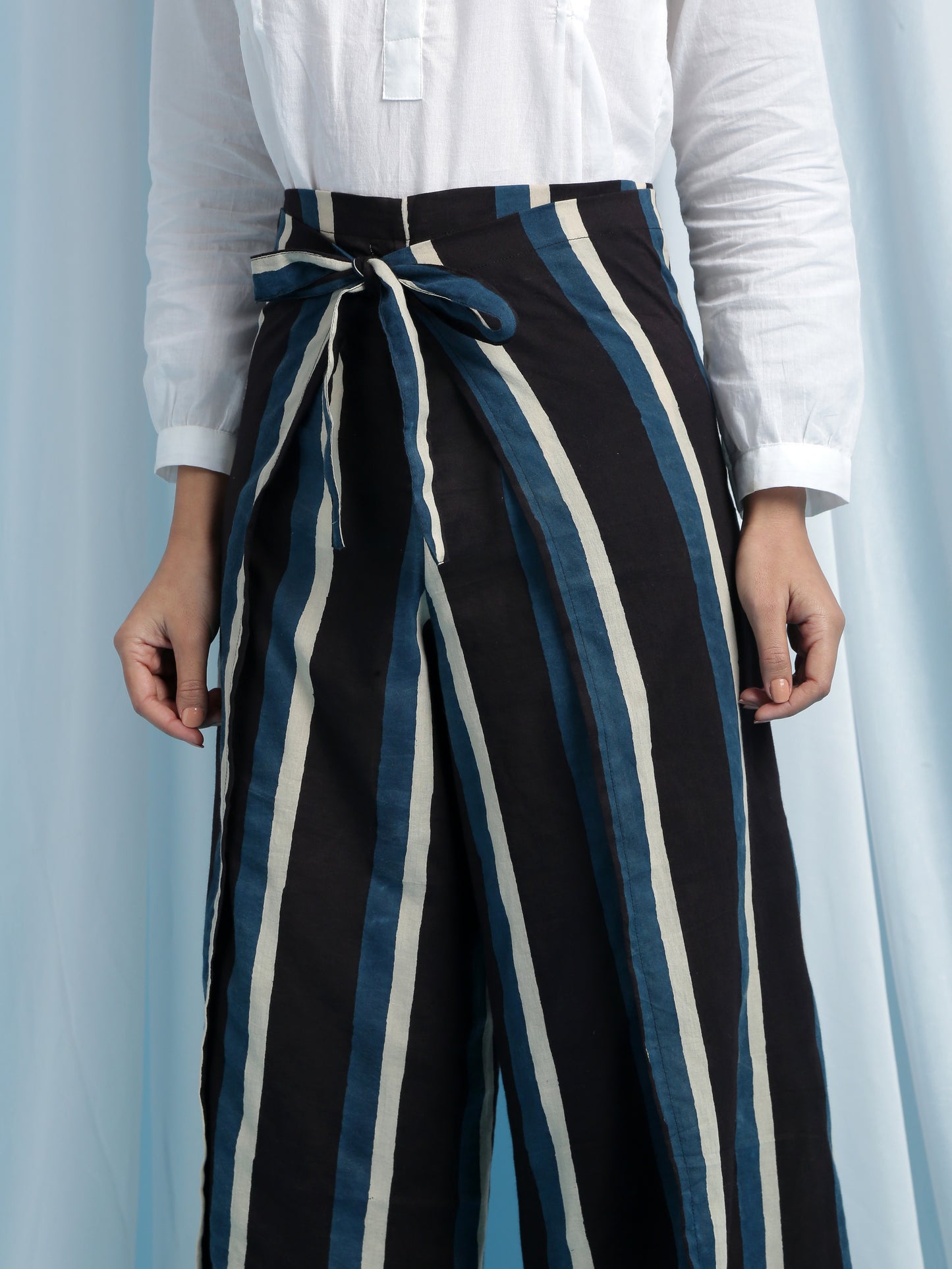 Barbara Pask - Black Cotton Wrap Pants With Blue & White Hand Block Printed Stripes