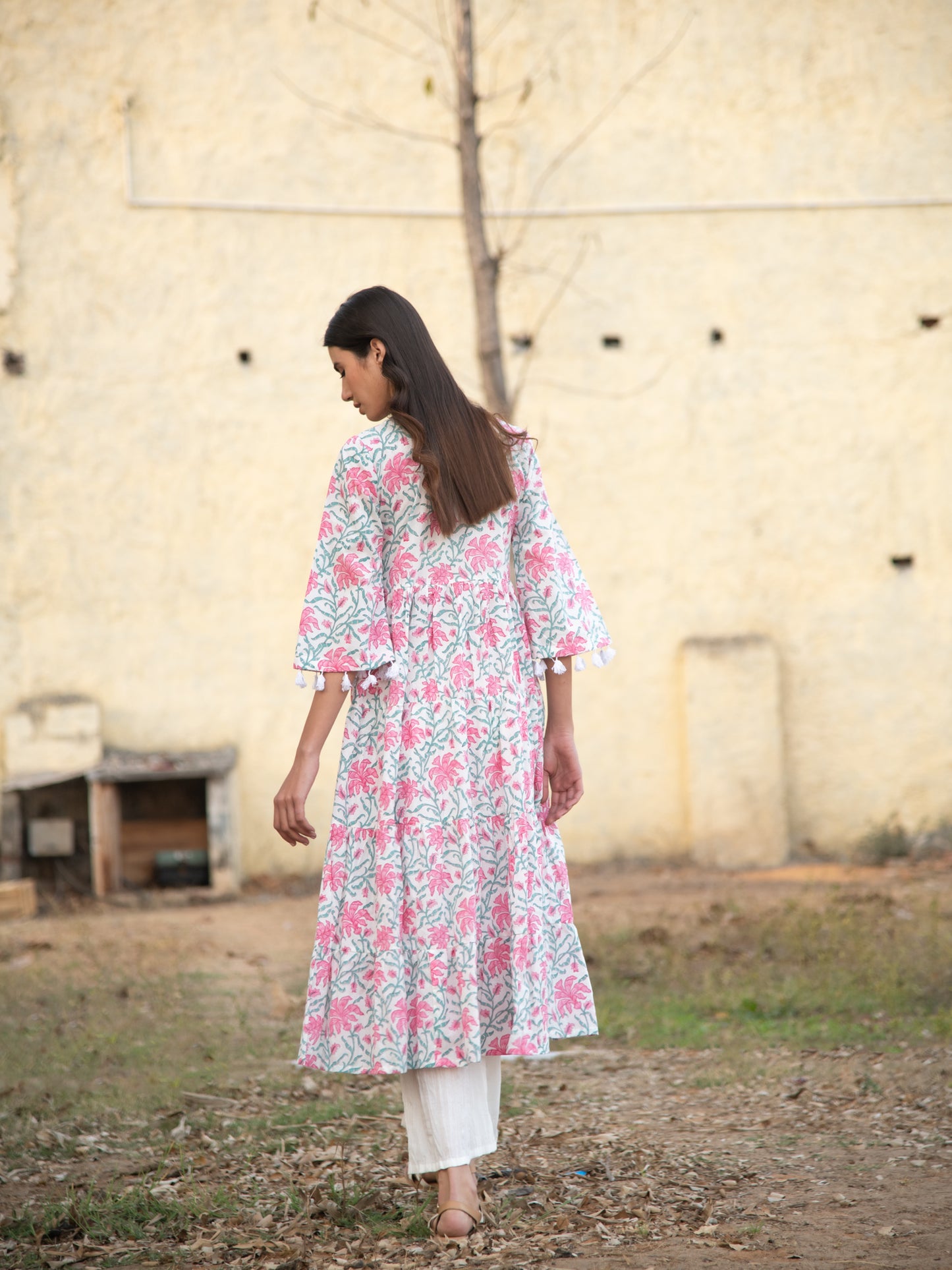 White Gardenia Tier Dress - White Pink Hand Block Printed Cotton Tier Dress