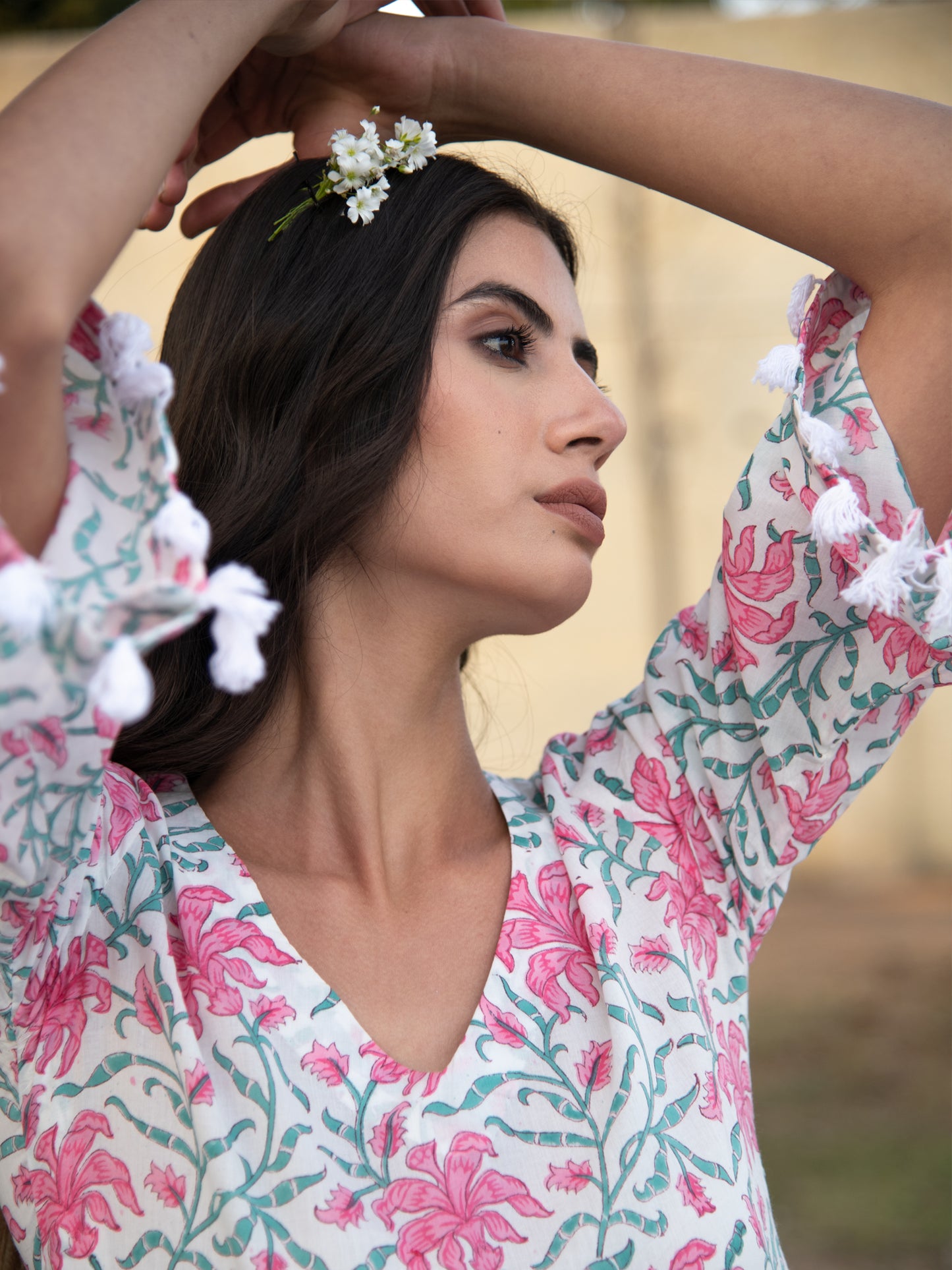 White Gardenia Tier Dress - White Pink Hand Block Printed Cotton Tier Dress