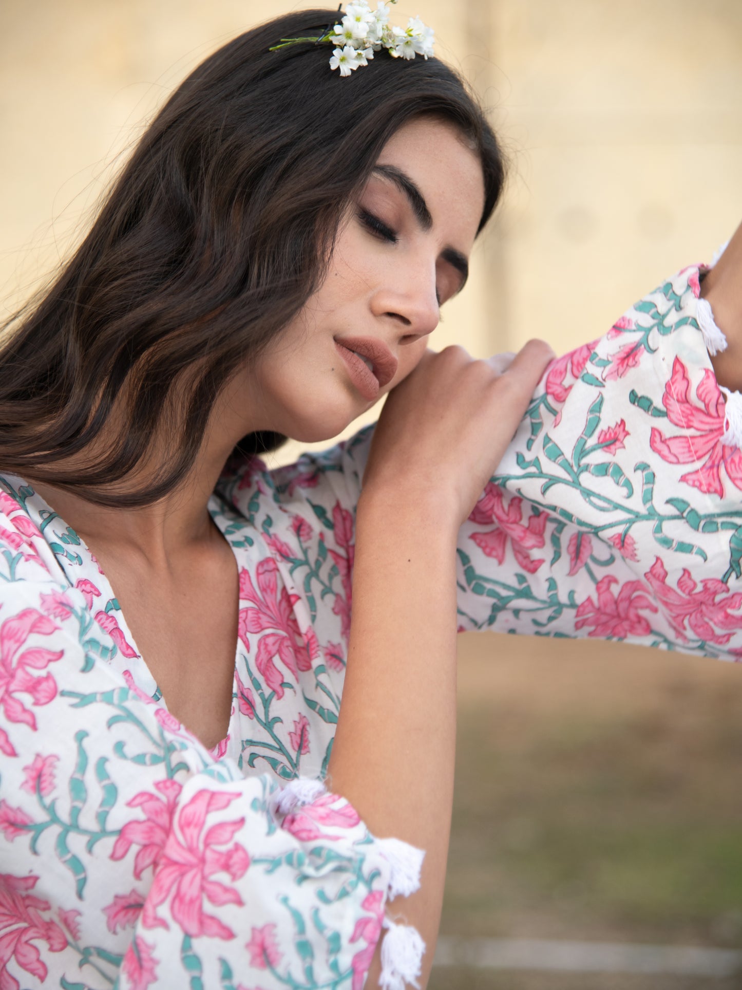 White Gardenia Tier Dress - White Pink Hand Block Printed Cotton Tier Dress