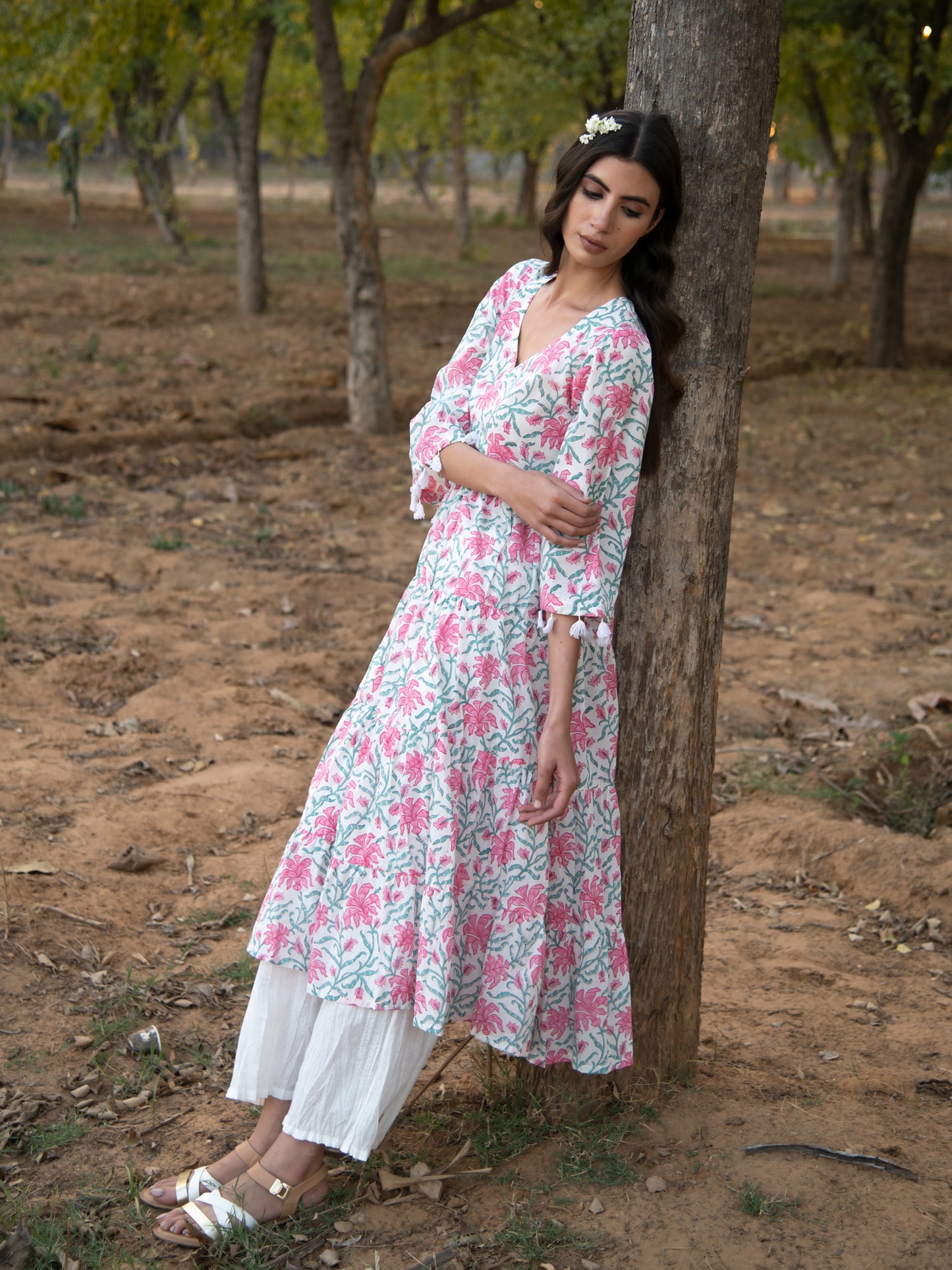 White Gardenia Tier Dress - White Pink Hand Block Printed Cotton Tier Dress