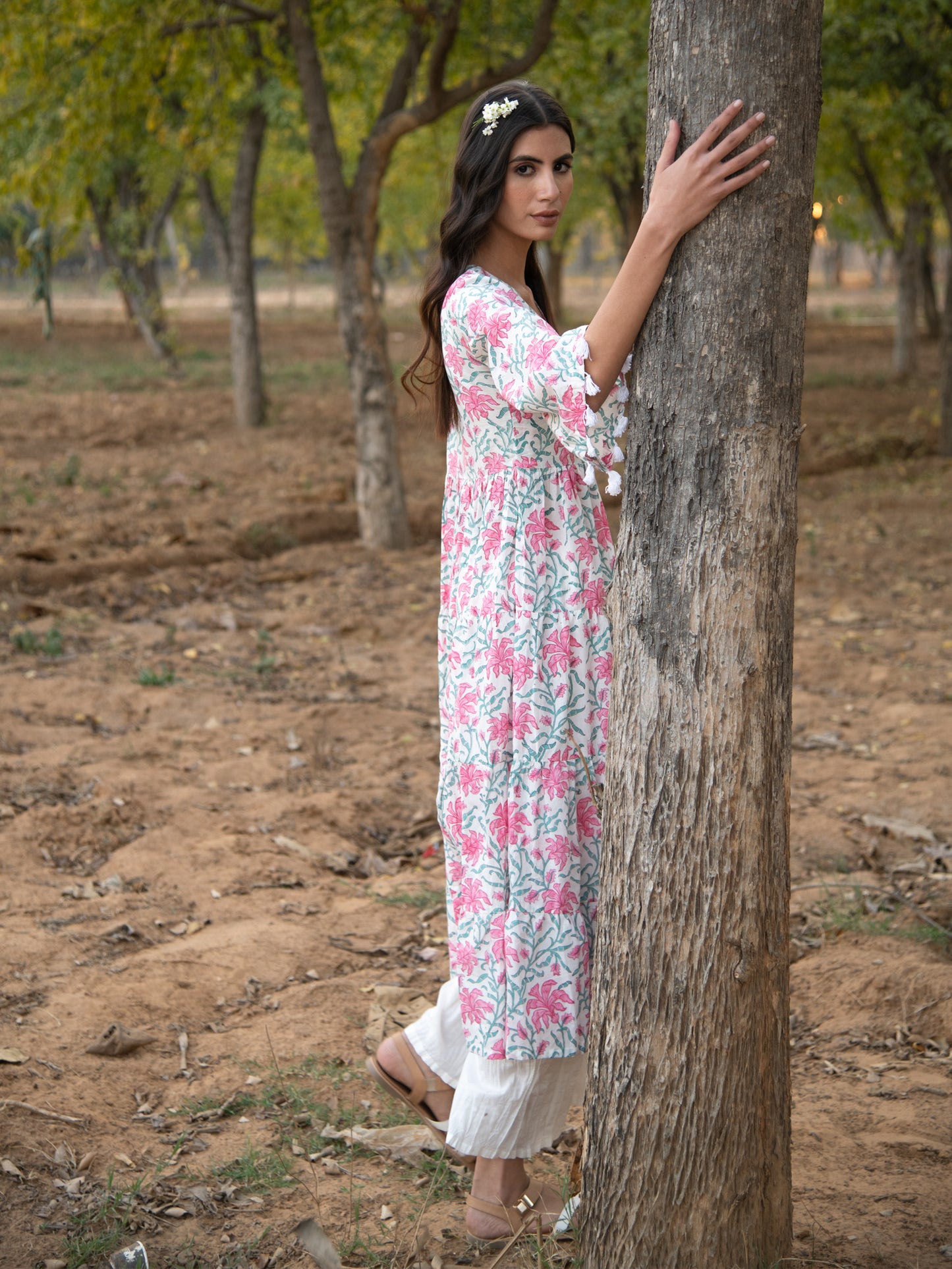 White Gardenia Tier Set- White Pink Hand Block Printed Cotton Tier Kurta Set