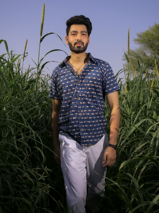 Indigo Hump Back Half Sleeves Men's Shirt - Indigo Hand Block Printed Cotton Shirt
