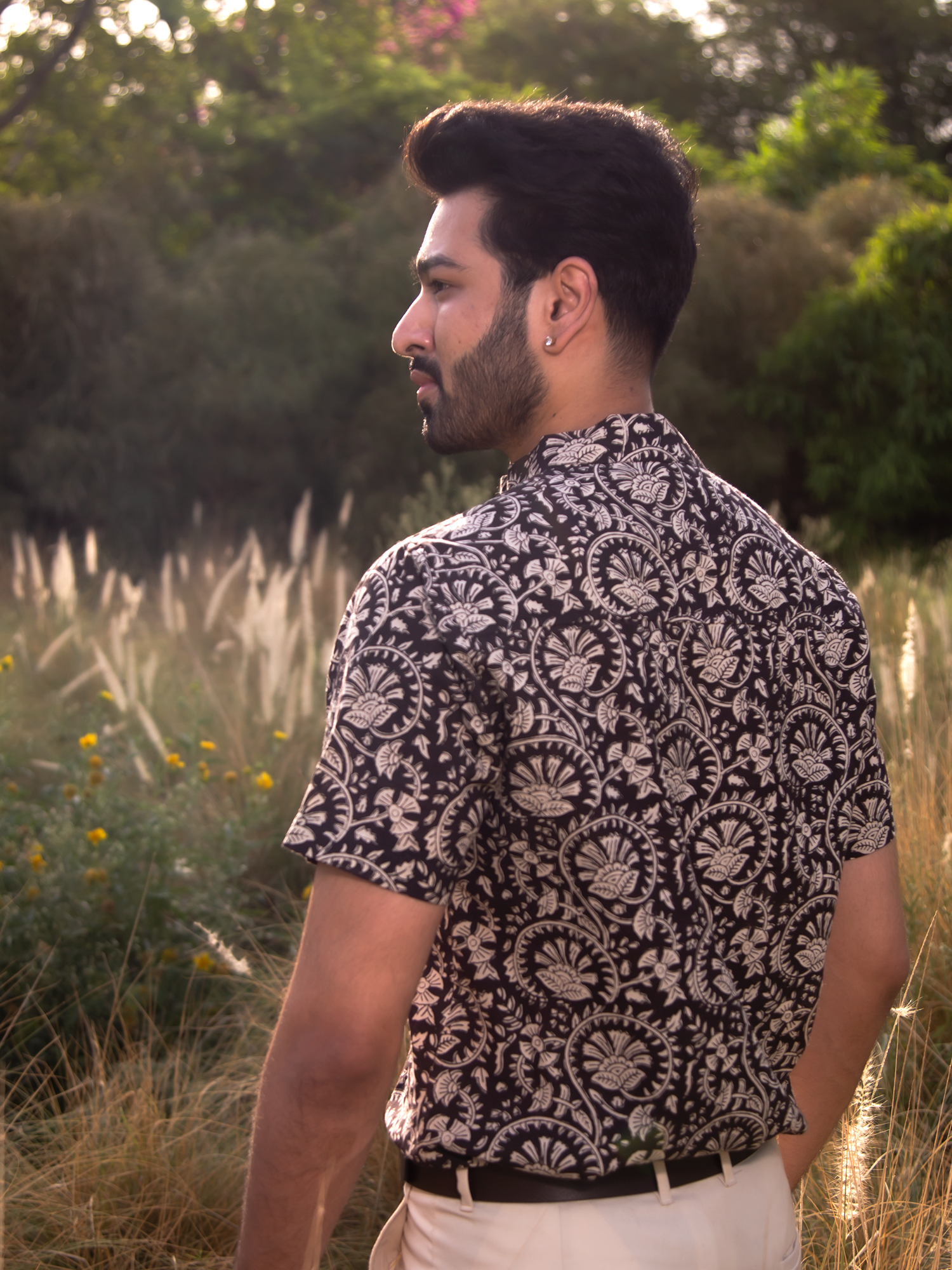 Black Dabu Floral Print Men s Shirt Black Hand Block Printed