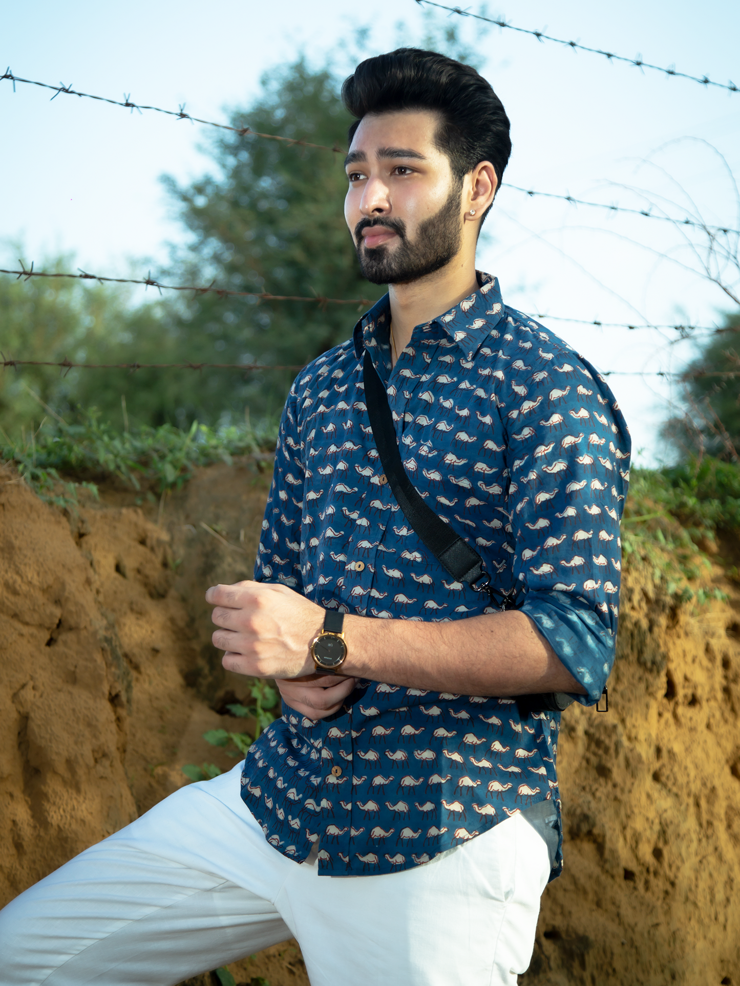 Indigo Hump Back Men's Shirt - Indigo Hand Block Printed Cotton Full Sleeve Shirt