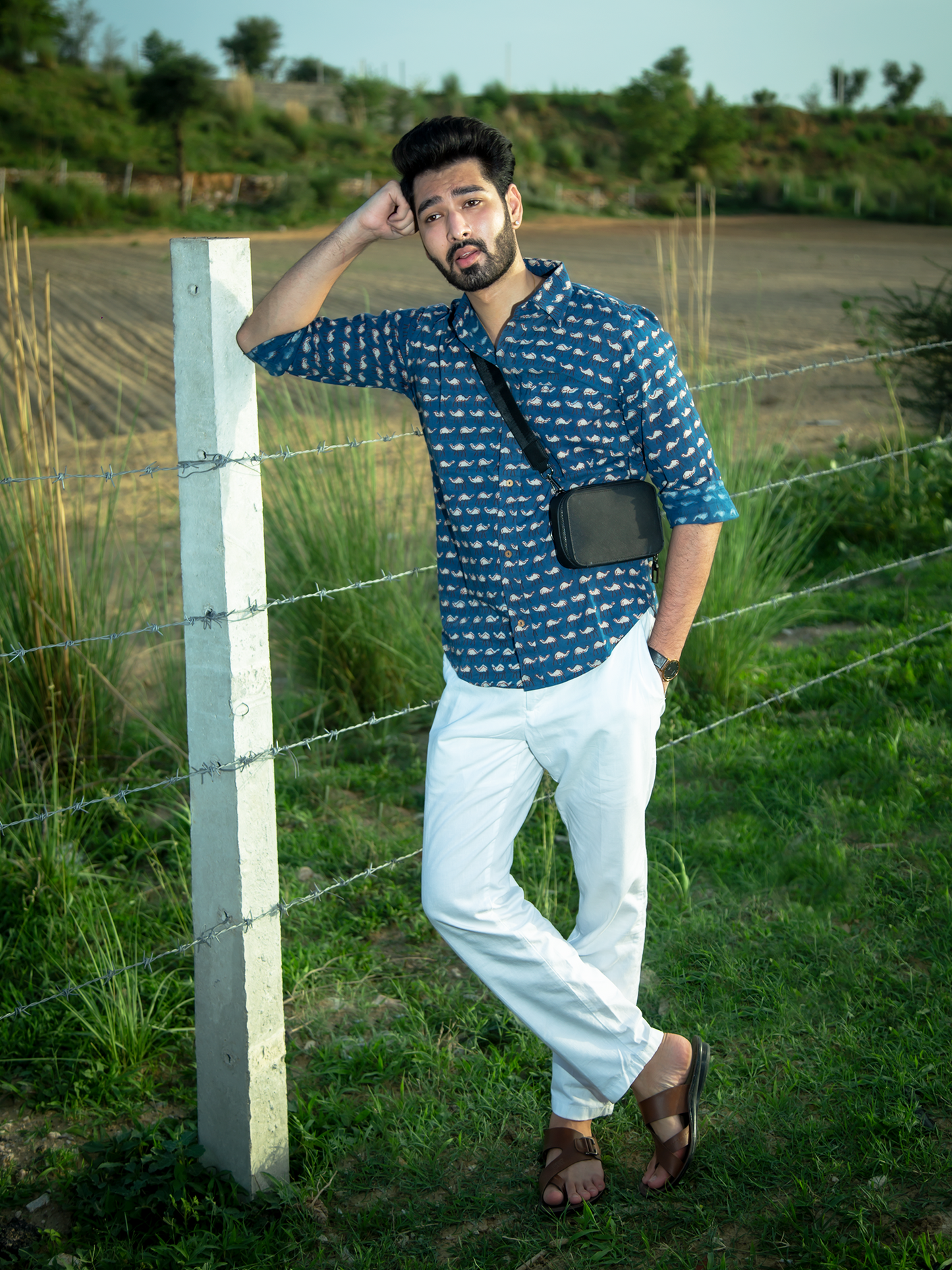 Indigo Hump Back Men's Shirt - Indigo Hand Block Printed Cotton Full Sleeve Shirt