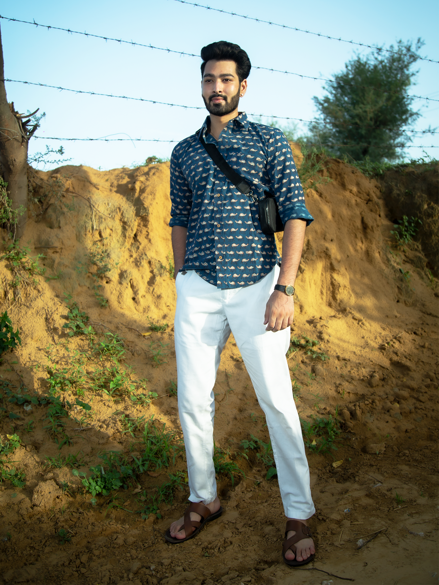 Indigo Hump Back Men's Shirt - Indigo Hand Block Printed Cotton Full Sleeve Shirt