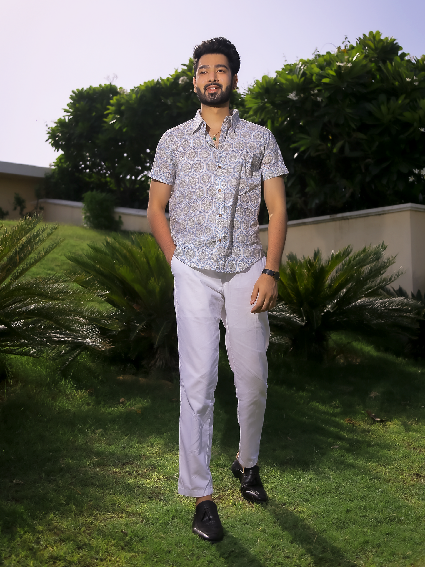 Blue Brick Men's Shirt - White Cotton Shirt With Blue Hand Block Print