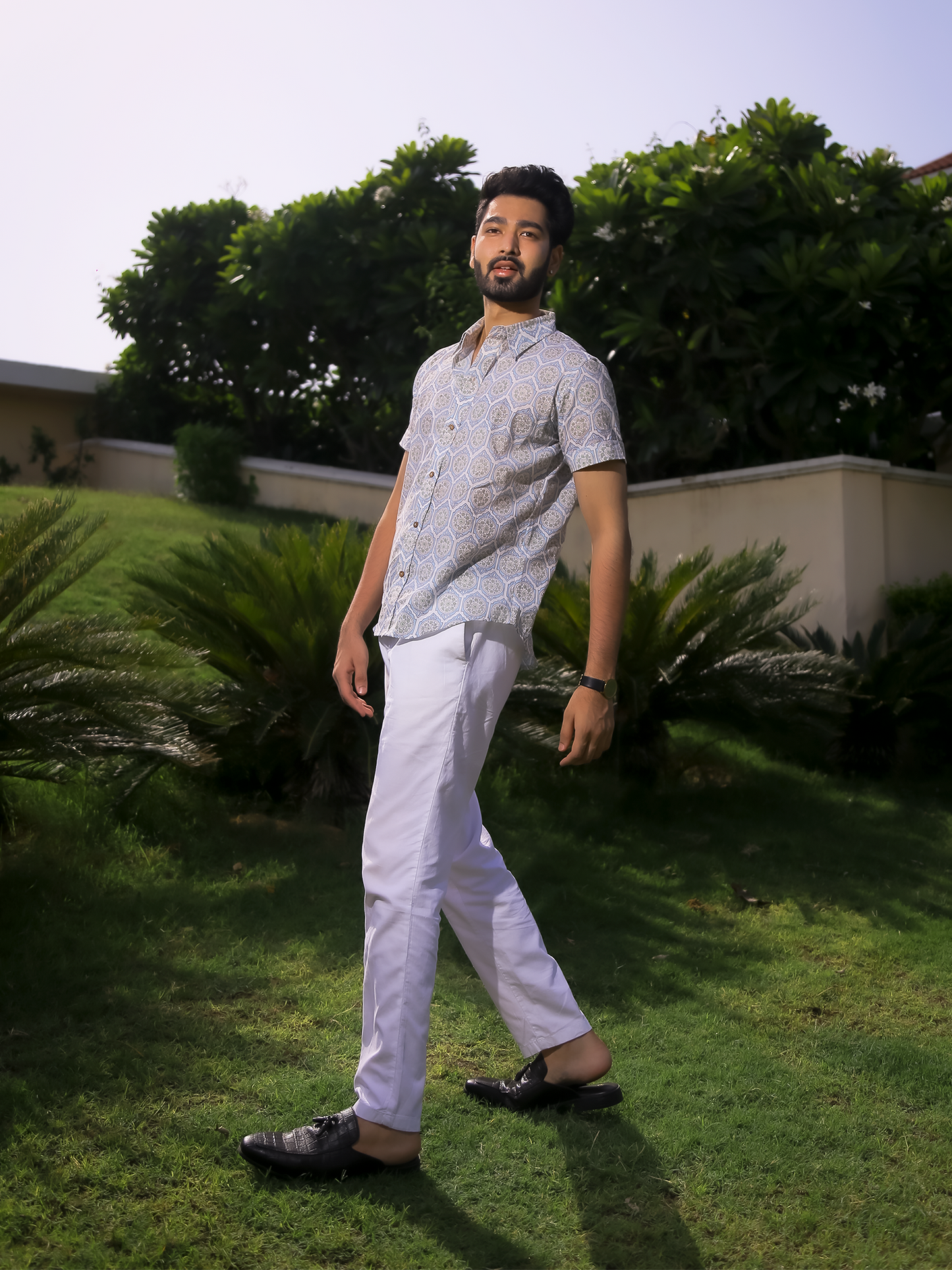 Blue Brick Men's Shirt - White Cotton Shirt With Blue Hand Block Print