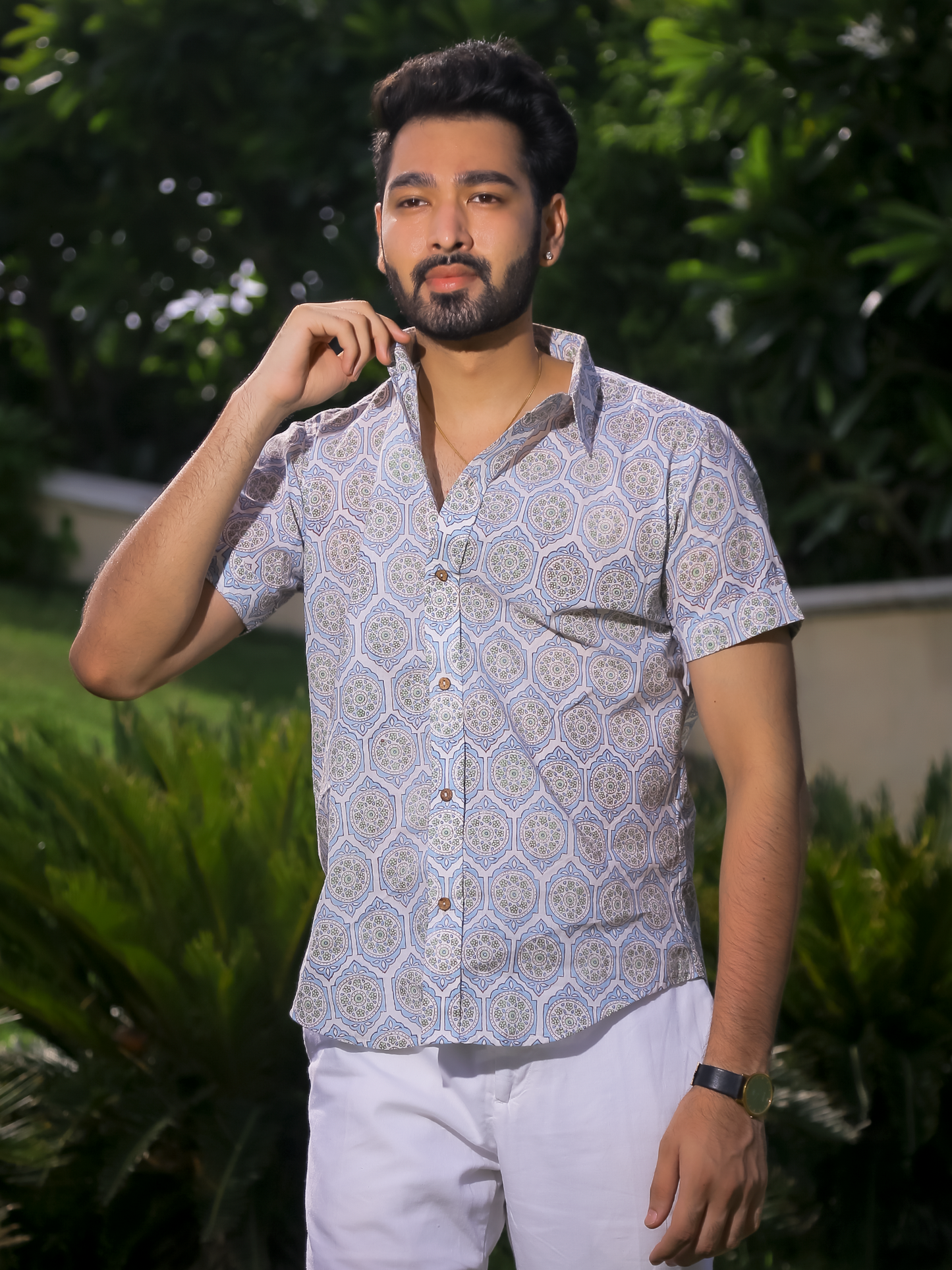 Blue Brick Men's Shirt - White Cotton Shirt With Blue Hand Block Print