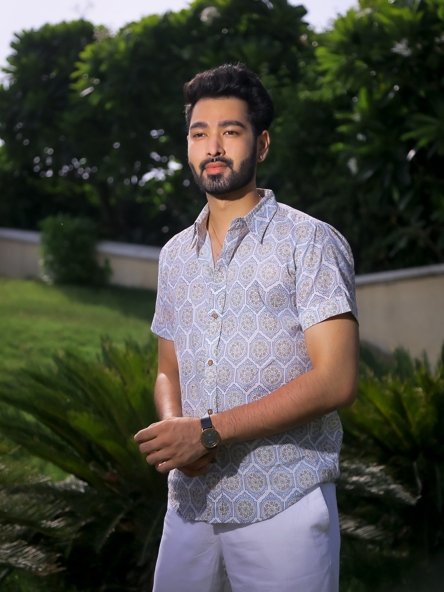 Blue Brick Men's Shirt - White Cotton Shirt With Blue Hand Block Print